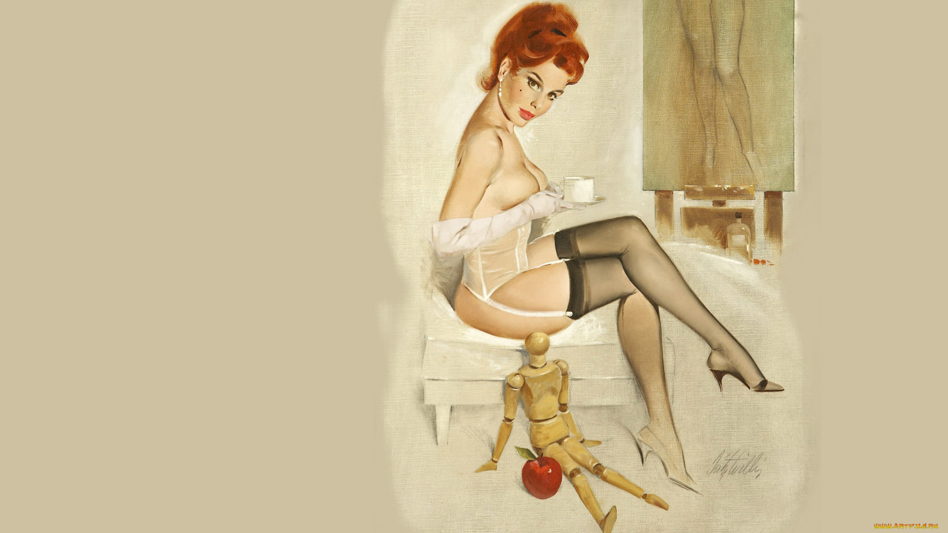 рисованное, fritz, willis, девушка, рыжая, белье, чулки, пуфик, перчатки, чашка, картина, марионетка, яблоко