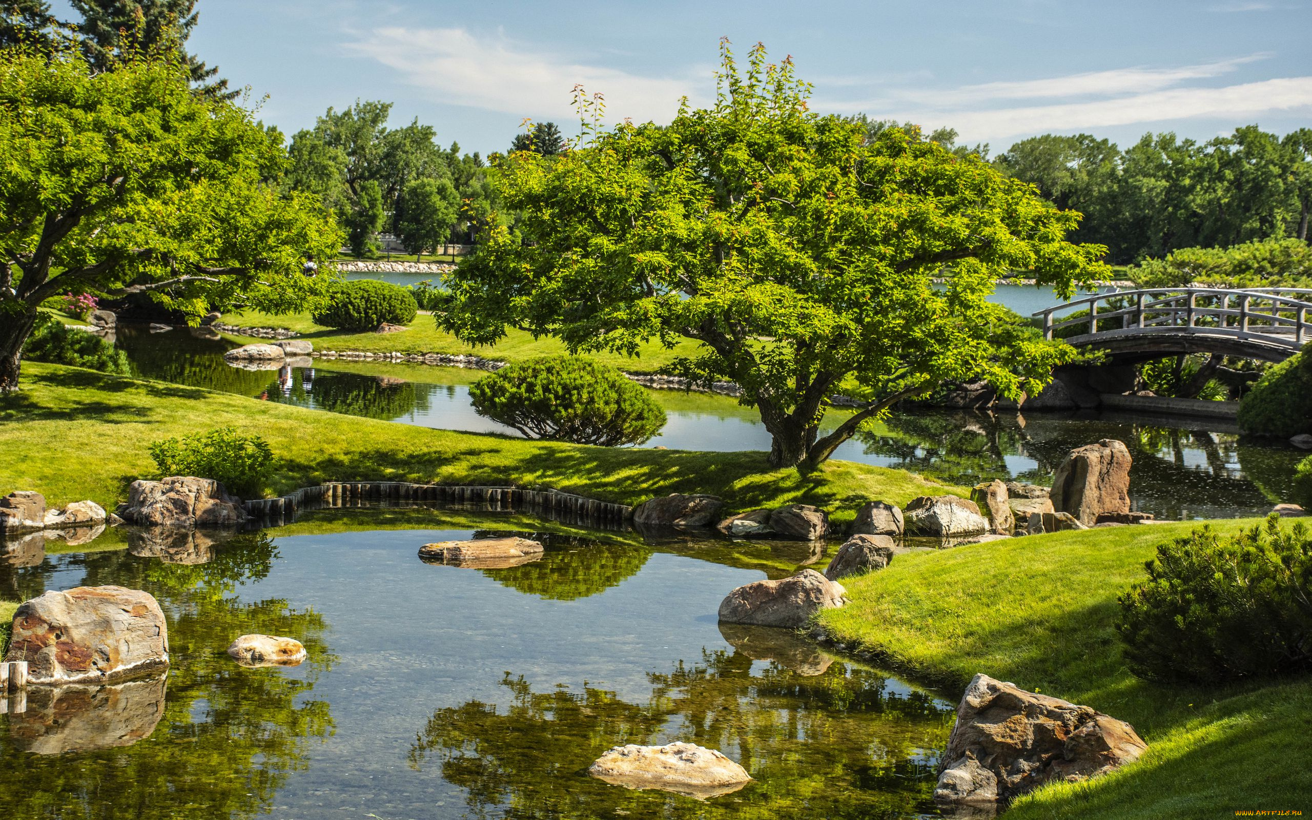 природа, парк, водоемы, мостик, камни