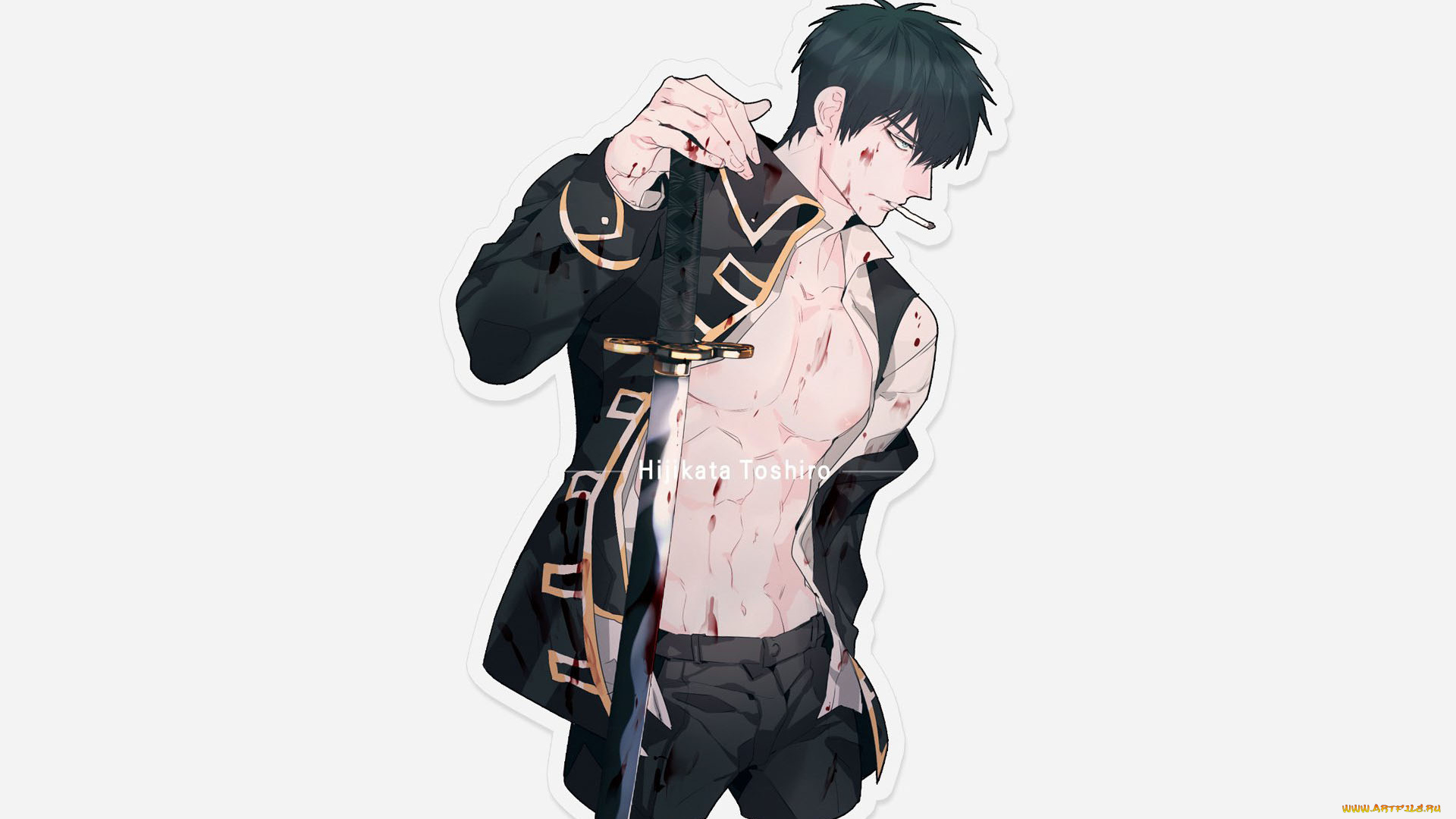 аниме, gintama, парень, торс, форма, меч, сигарета