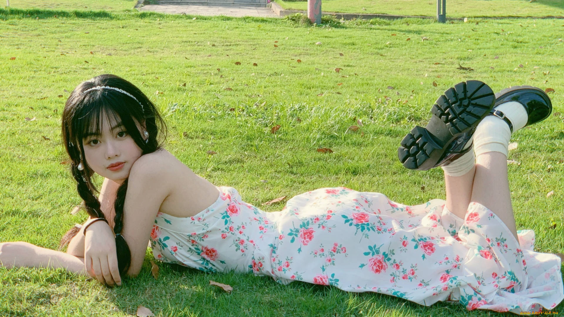 девушки, -, азиатки, брюнетка, сарафан, лужайка