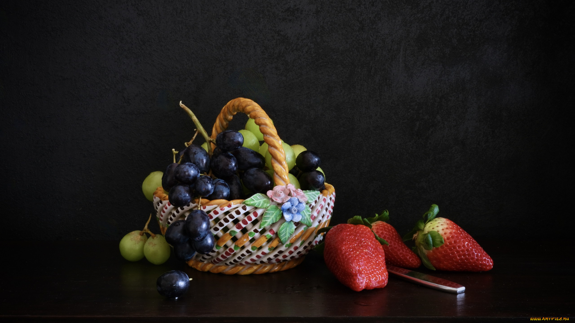 еда, фрукты, , ягоды, корзинка, виноград, клубника