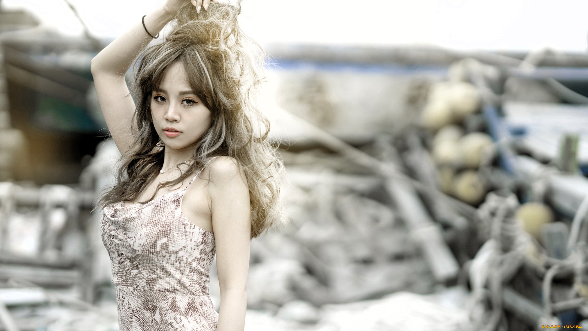 девушки, -, азиатки, шатенка, платье, боке