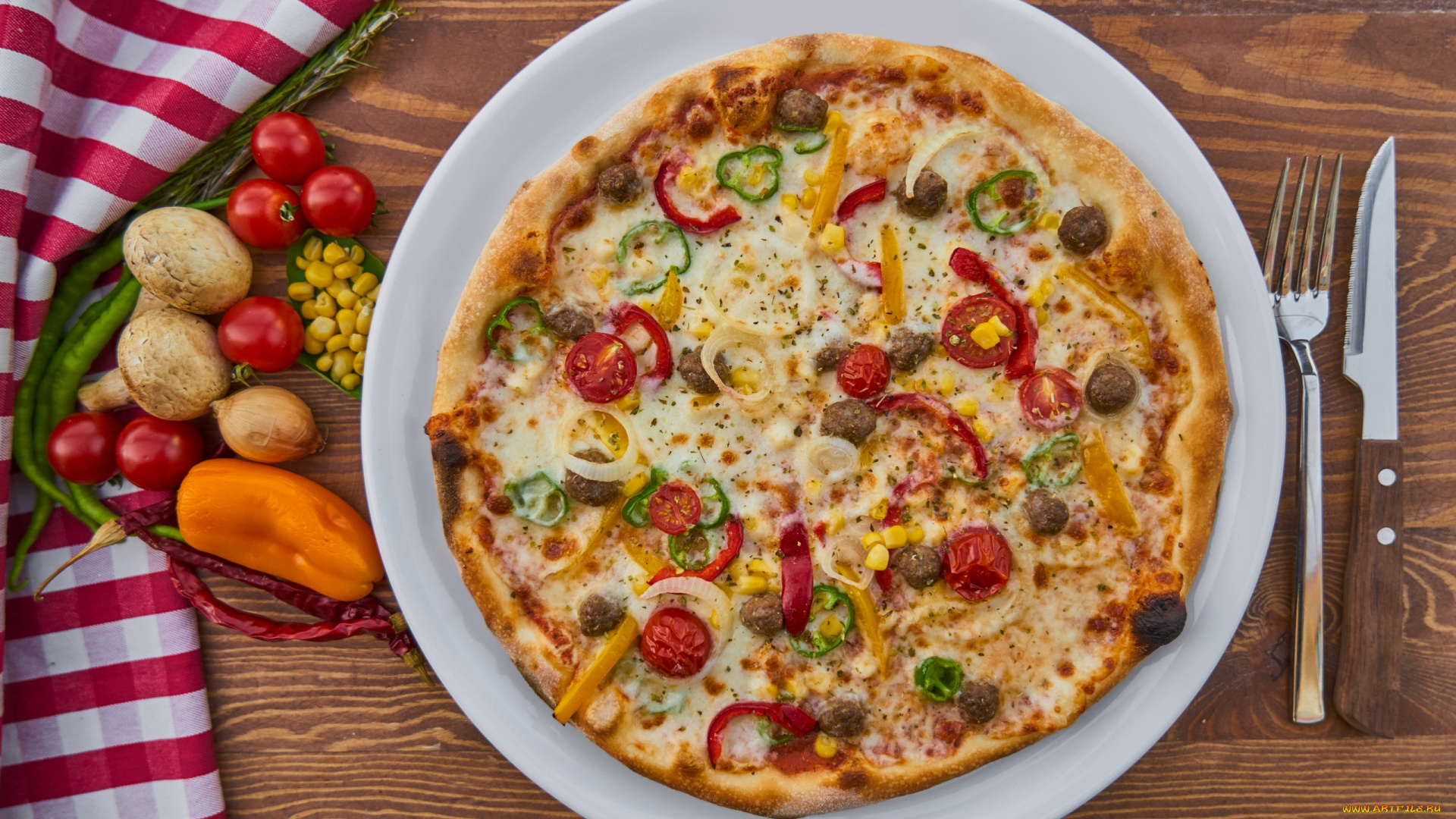 еда, пицца, помидоры, перец, кукуруза, грибы, шампиньоны