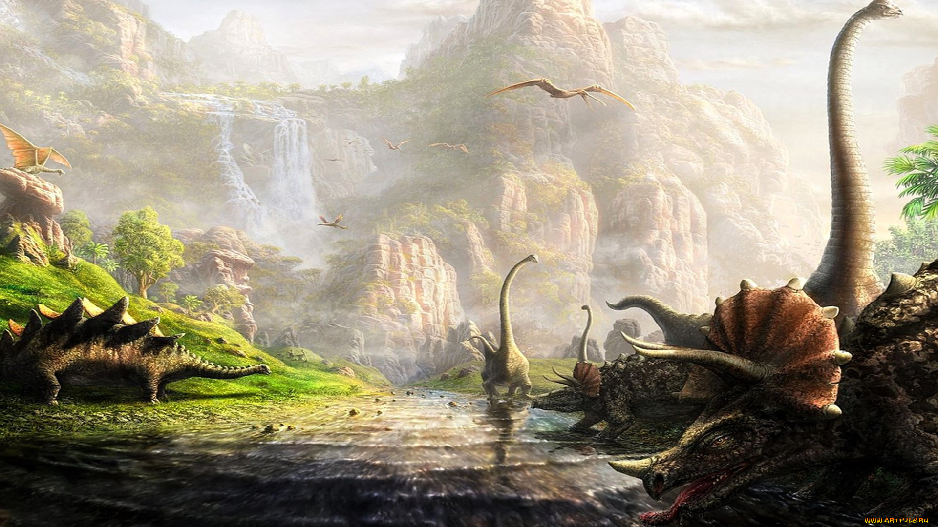 разное, динозавры, горы, река