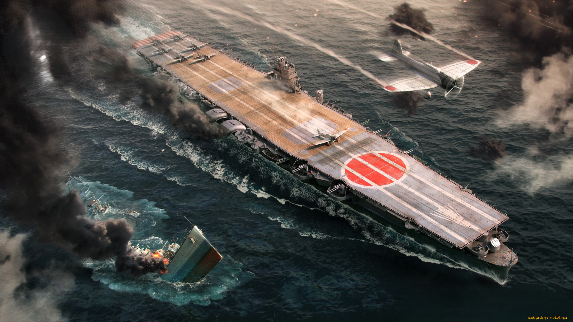 видео, игры, world, of, warships, море, корабли, бой, авианосец, самолеты