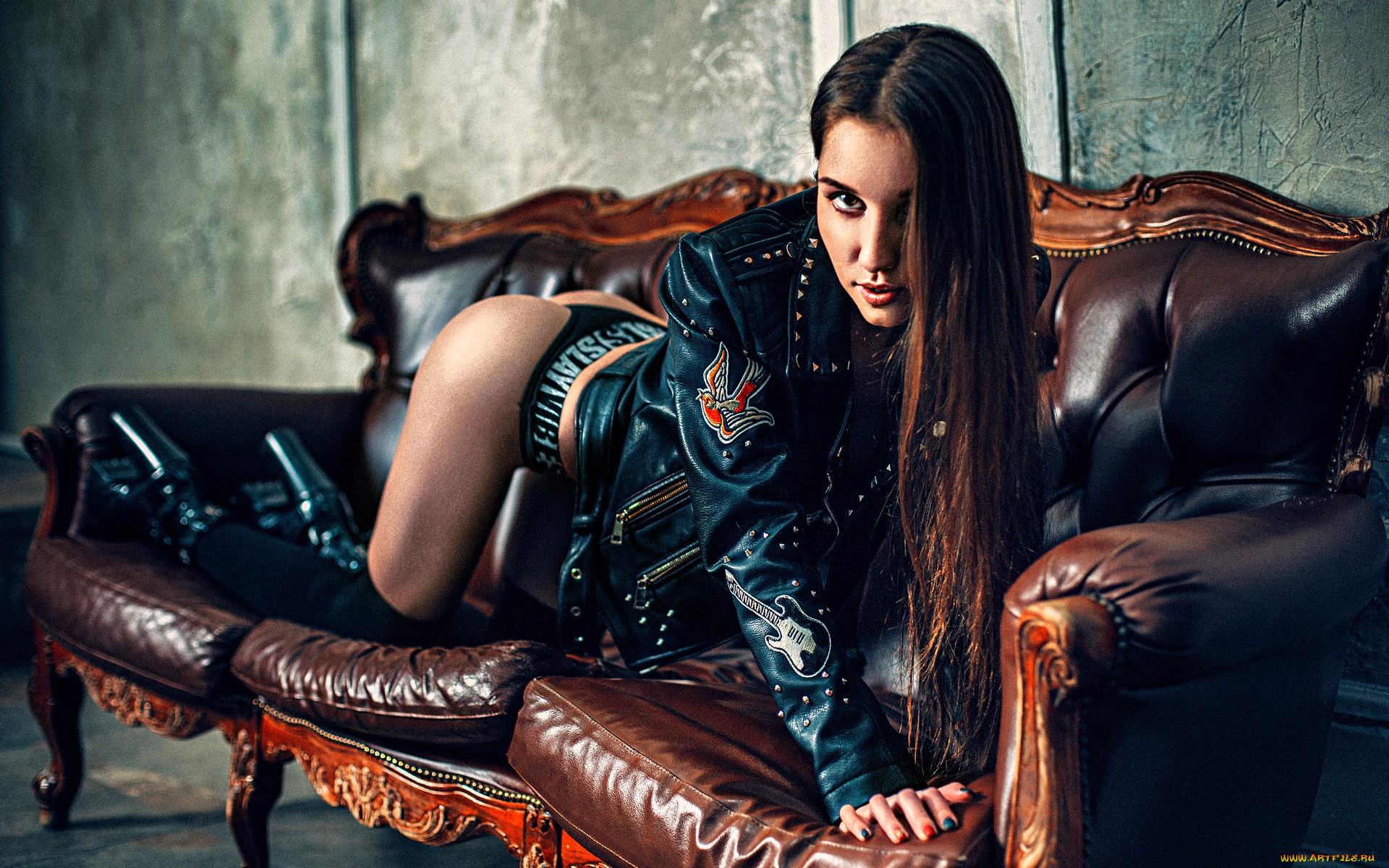 девушки, -, брюнетки, , шатенки, шатенка, куртка, диван, трусики, чулки, каблуки