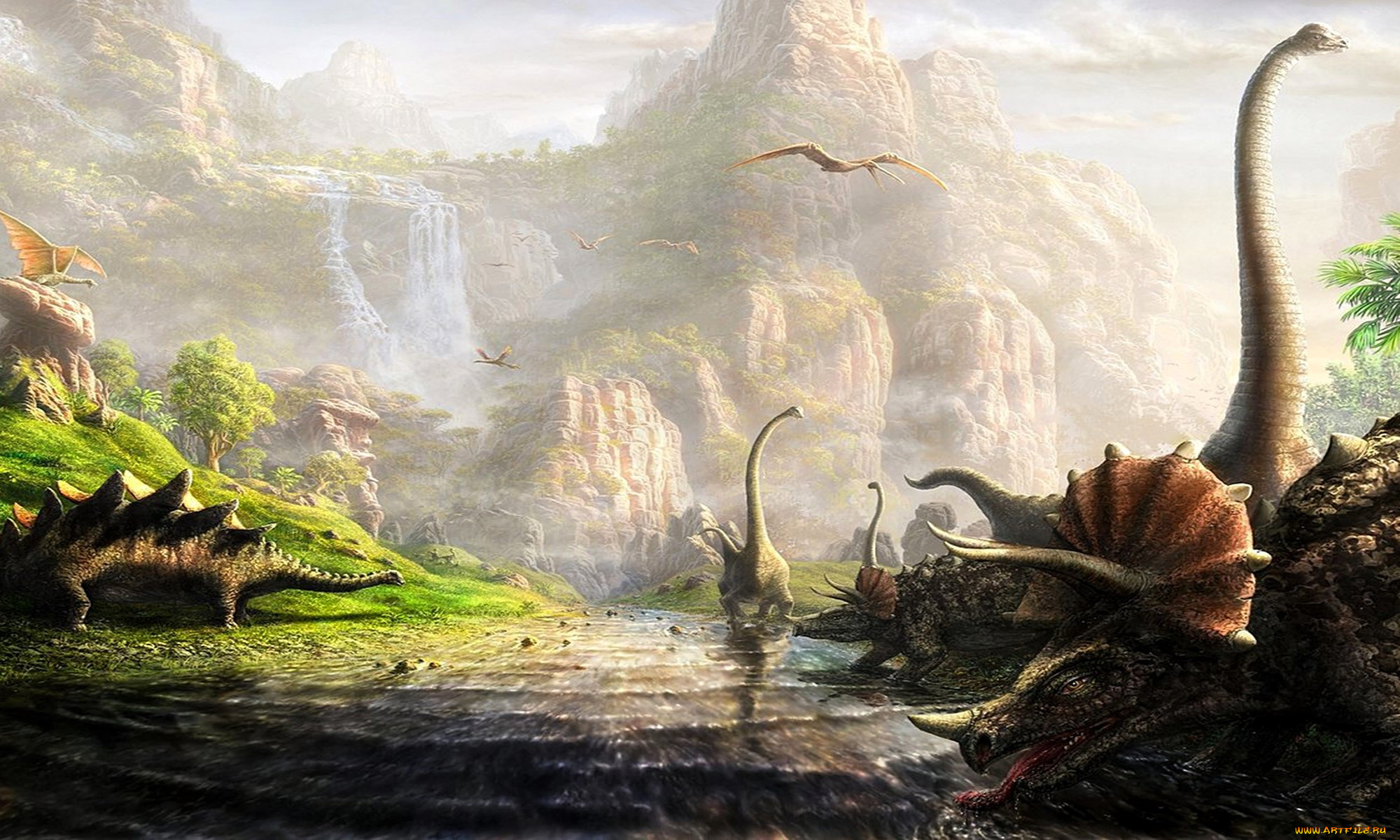 разное, динозавры, горы, река