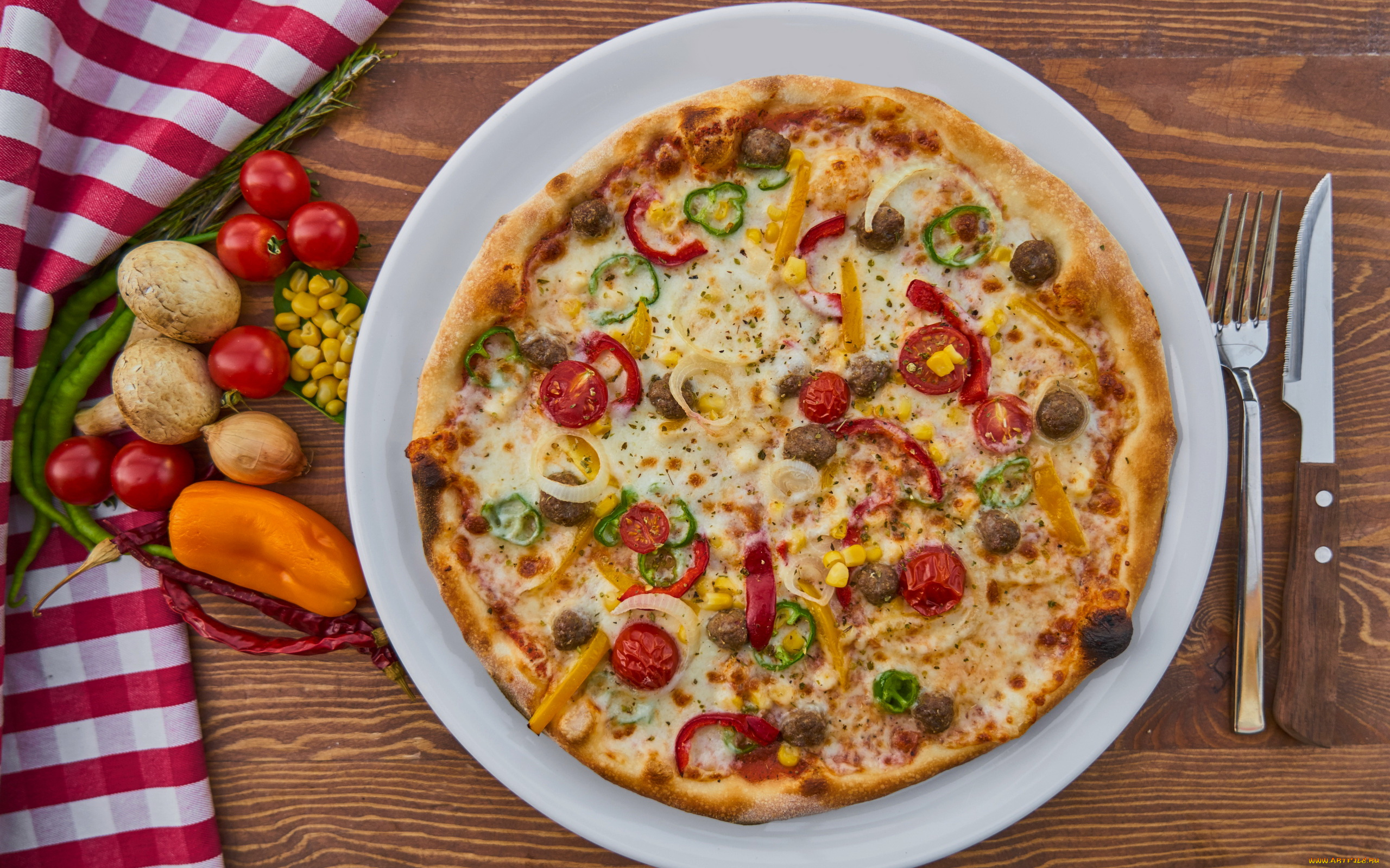 еда, пицца, помидоры, перец, кукуруза, грибы, шампиньоны