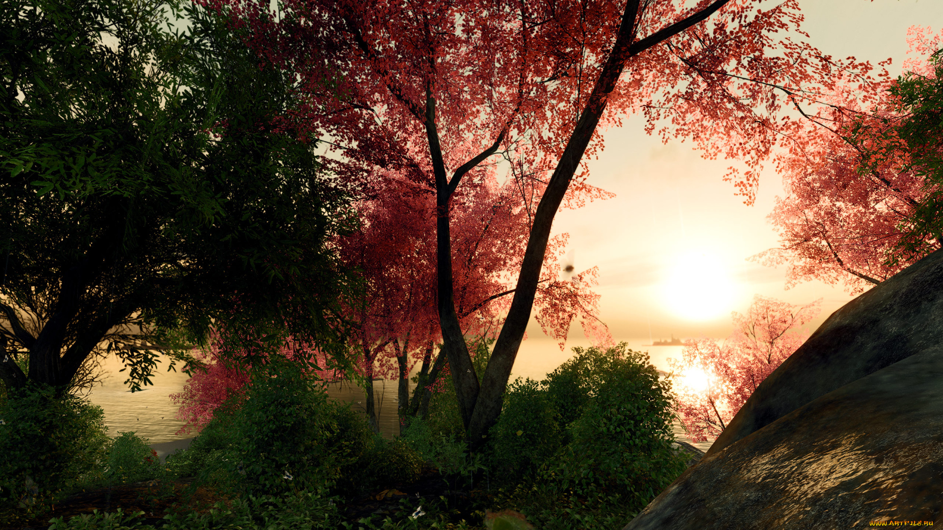 3д, графика, nature, landscape, природа, кусты, деревья, берег, озеро, трава