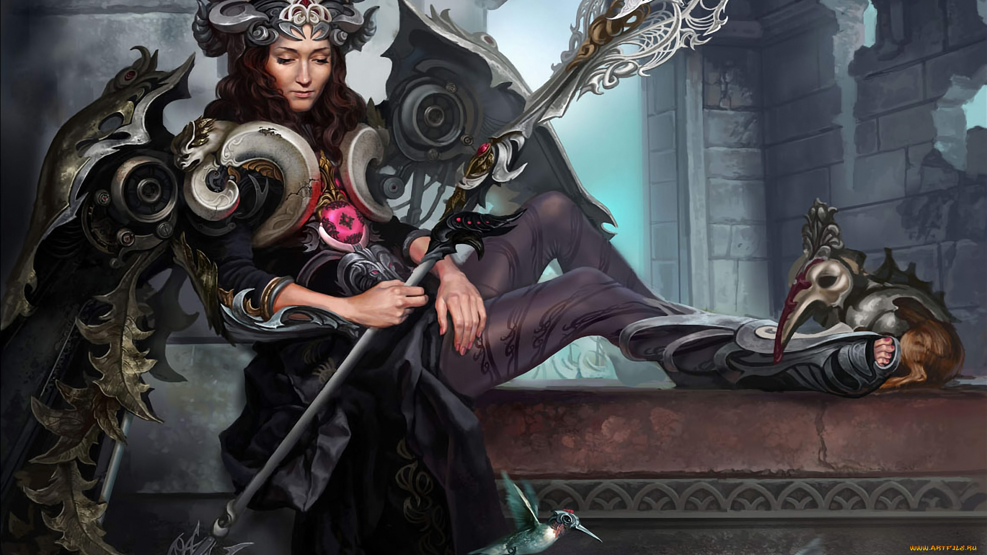 фэнтези, девушки, крылья, посох, птицы