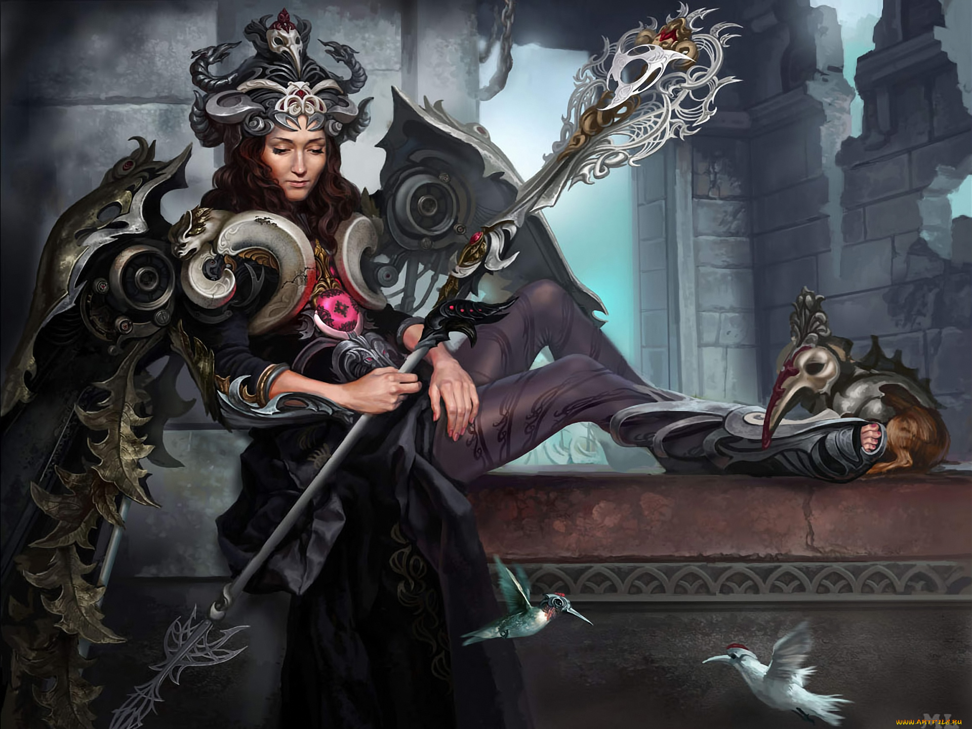 фэнтези, девушки, крылья, посох, птицы