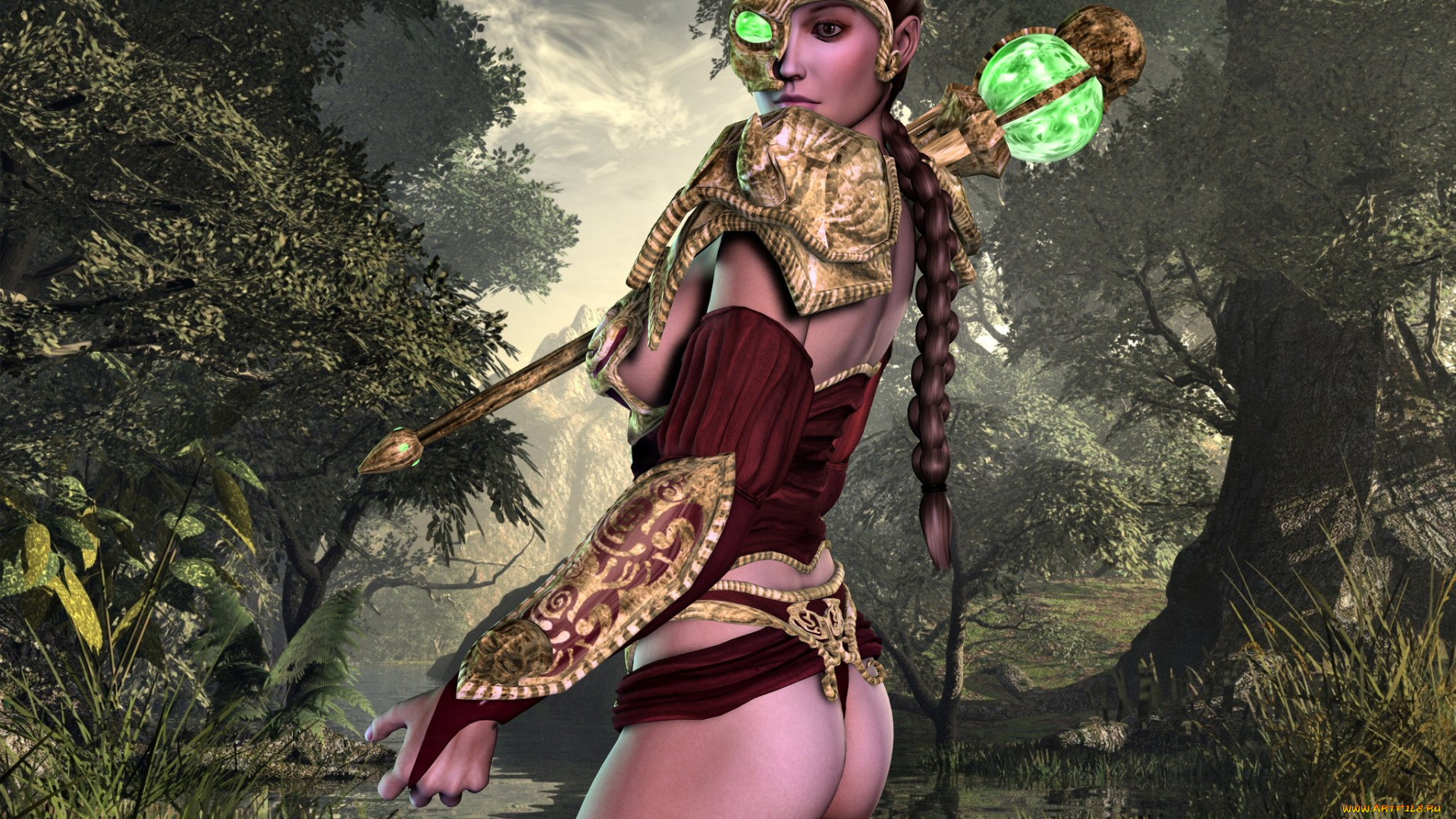 3д, графика, fantasy, фантазия, лес, девушка, жезл