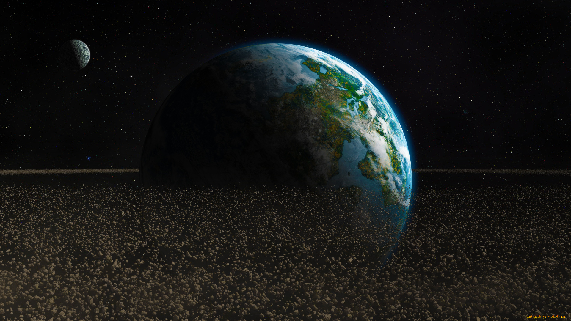 космос, арт, планета, астероиды, обломки, камни, земля