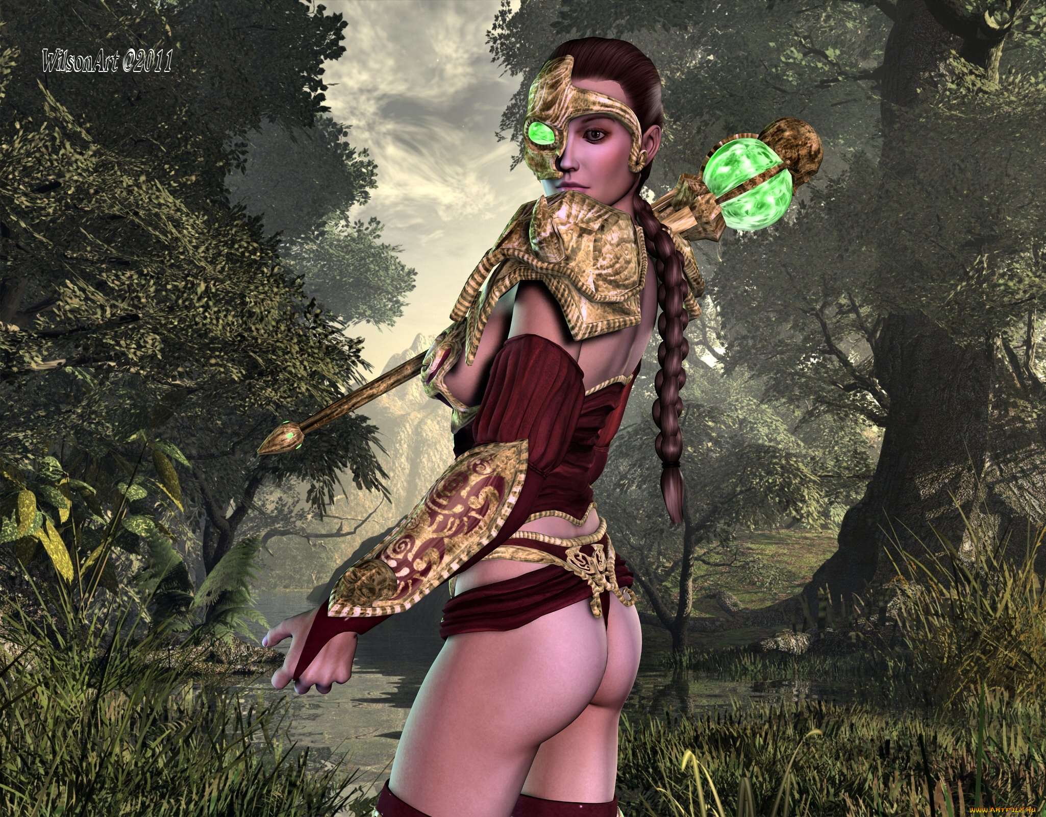 3д, графика, fantasy, фантазия, лес, девушка, жезл