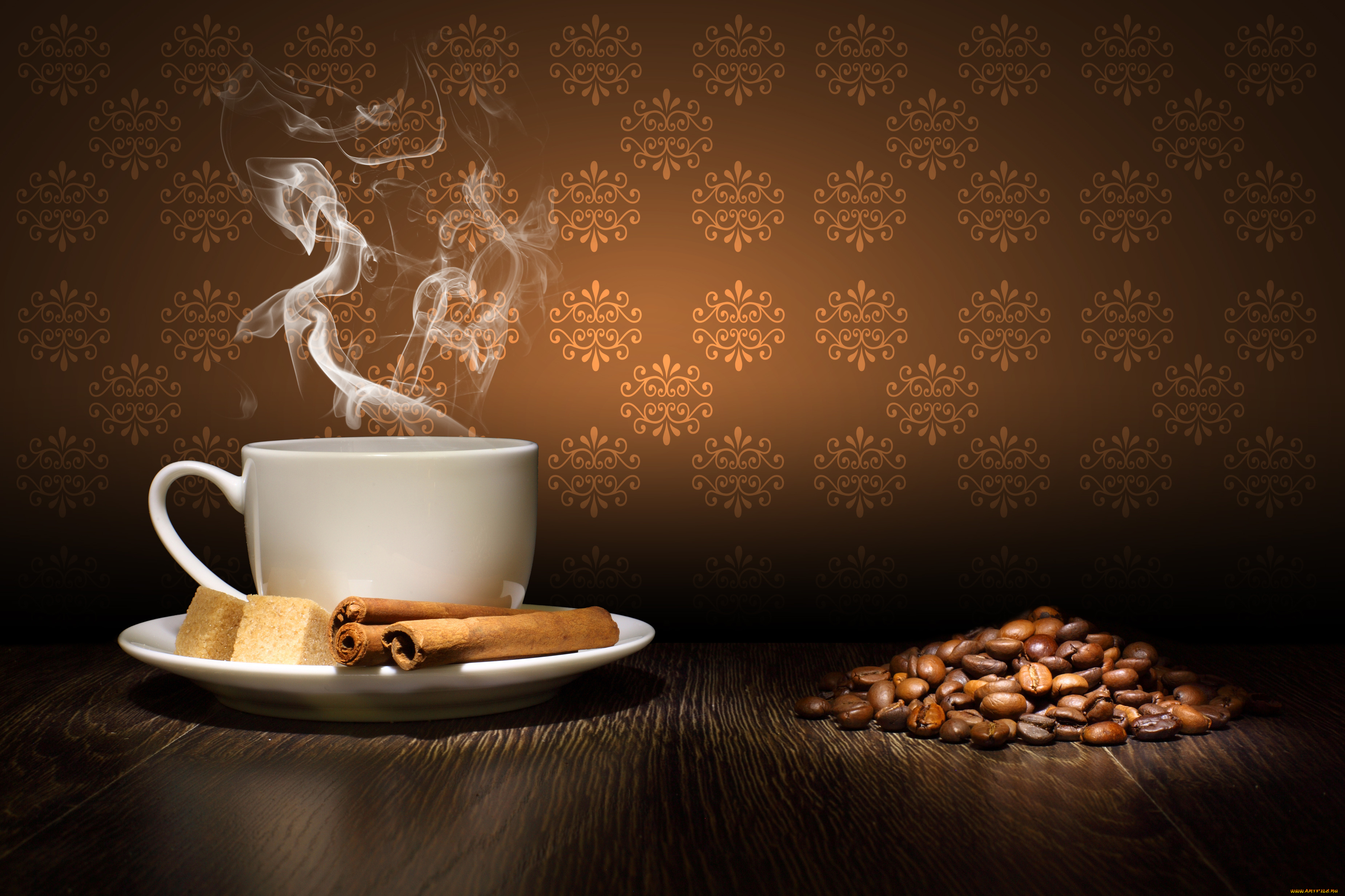 еда, кофе, кофейные, зёрна, корица, сахар, чашка, блюдце, зерна, стол, пар