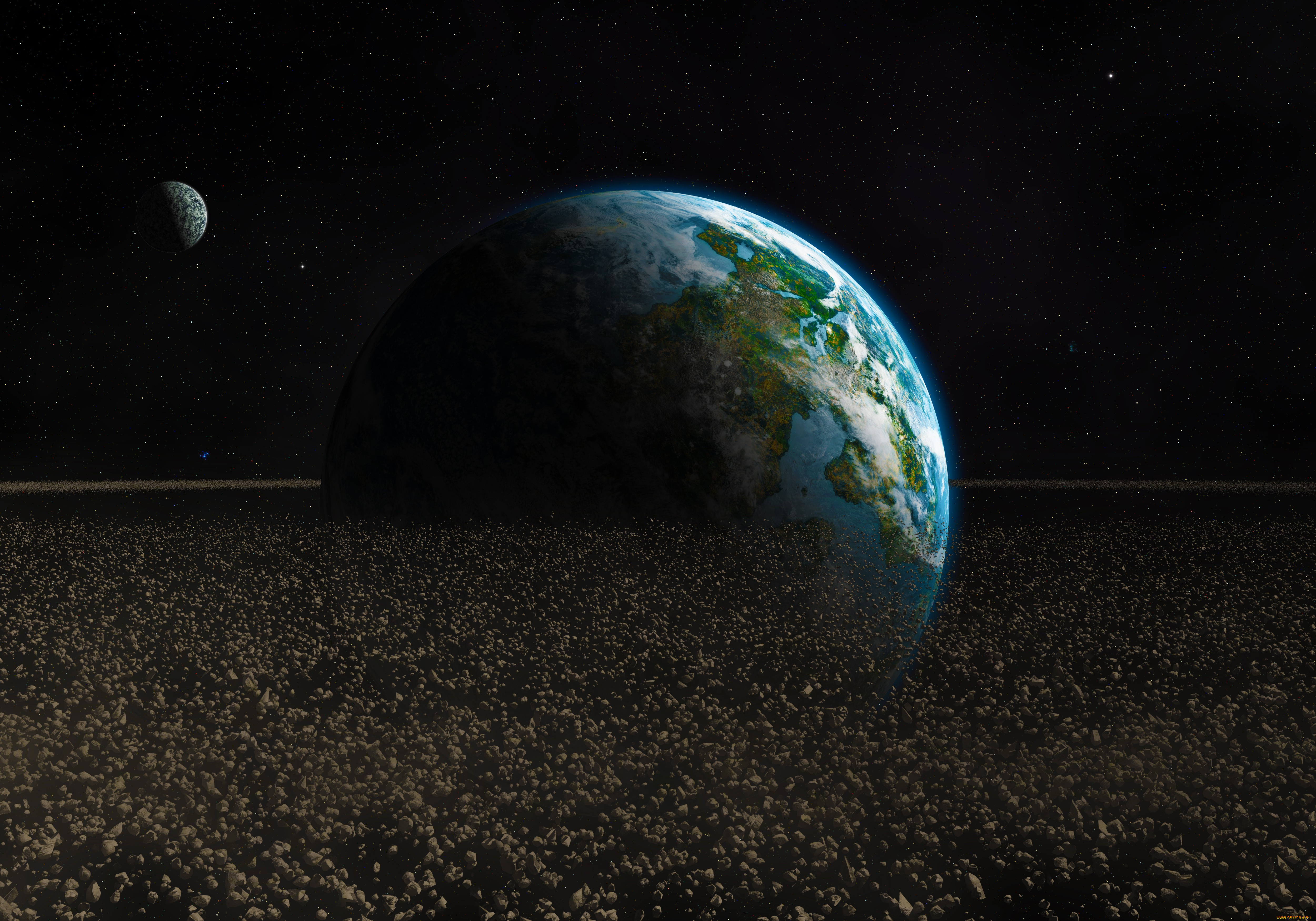 космос, арт, планета, астероиды, обломки, камни, земля