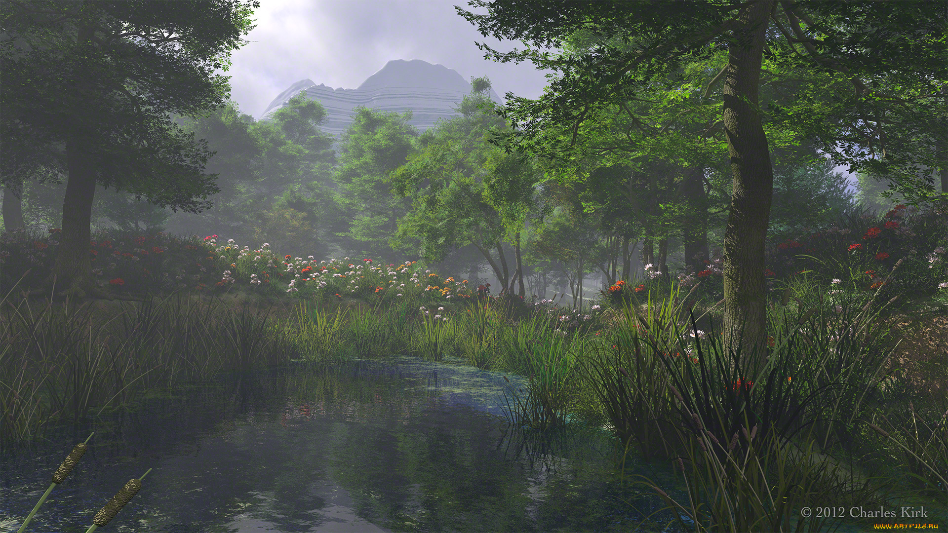 3д, графика, природа, , nature, горы, деревья, цветы, водоем
