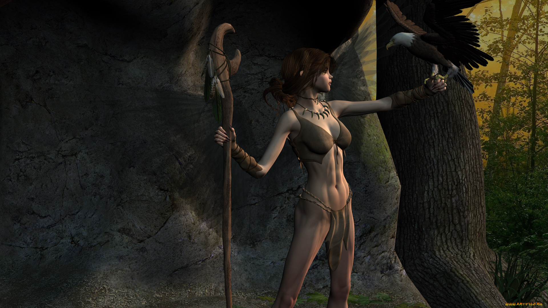 druid, 3д, графика, амазонки, , amazon, посох, девушка, орел, пещера
