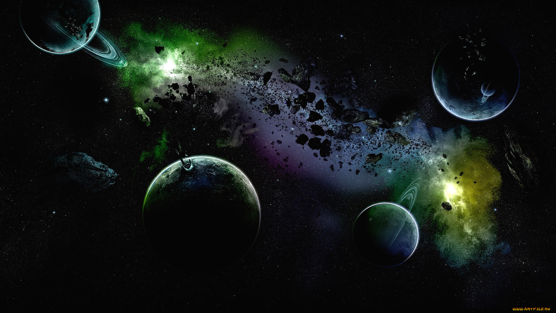 космос, арт, вселенная, небо, планета, кольца, астероид