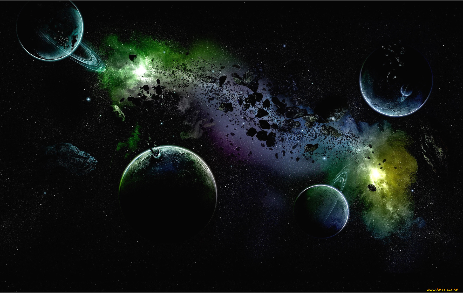 космос, арт, вселенная, небо, планета, кольца, астероид