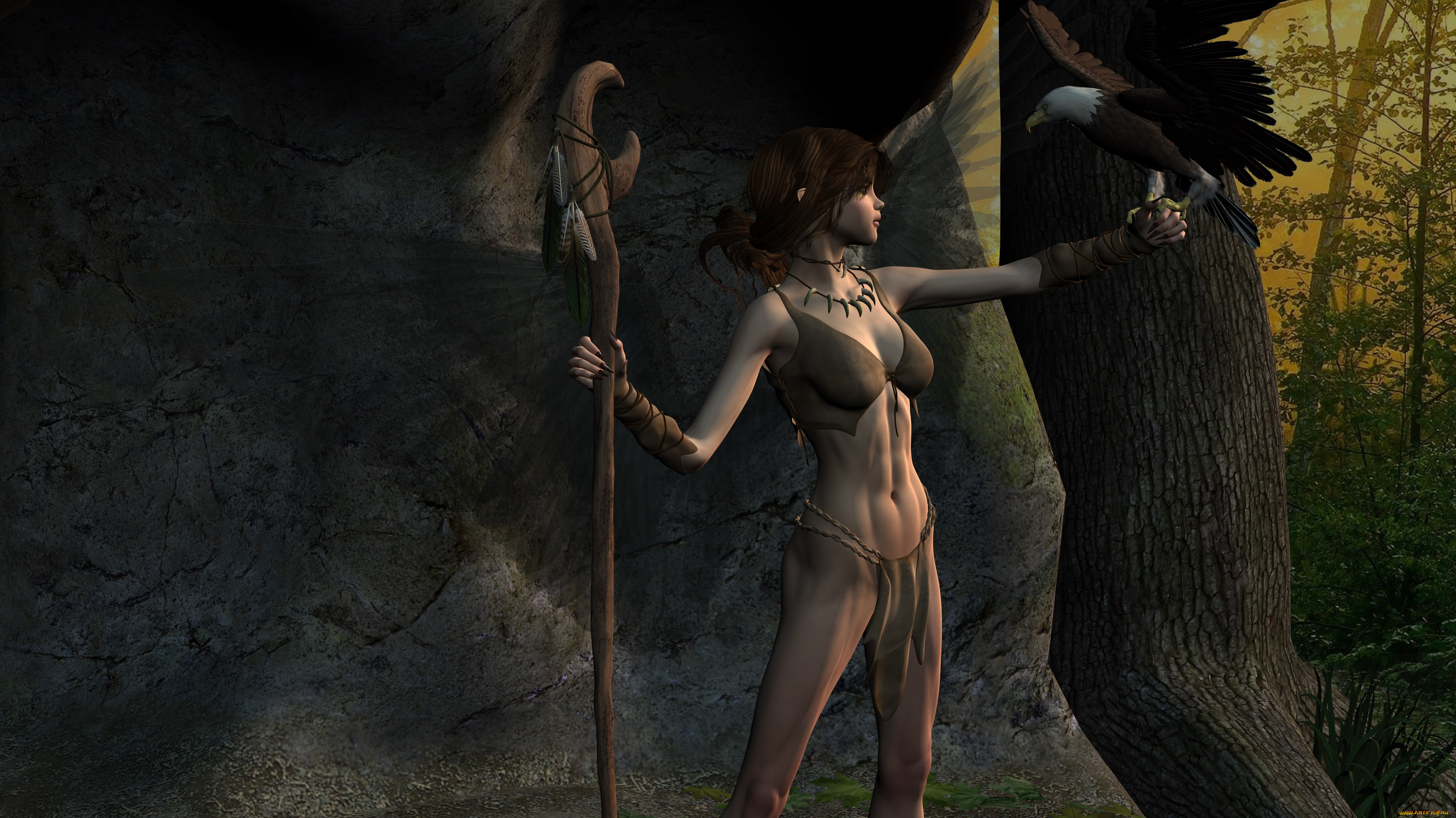 druid, 3д, графика, амазонки, , amazon, посох, девушка, орел, пещера