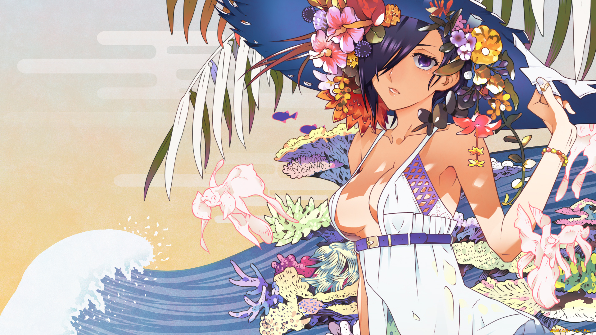 аниме, tokyo, ghoul, ремень, платье, шляпа, вода, море, кораллы, рыбы, nishihara, isao, kirishima, touka, девушка, ishida, sui, alenas, цветы