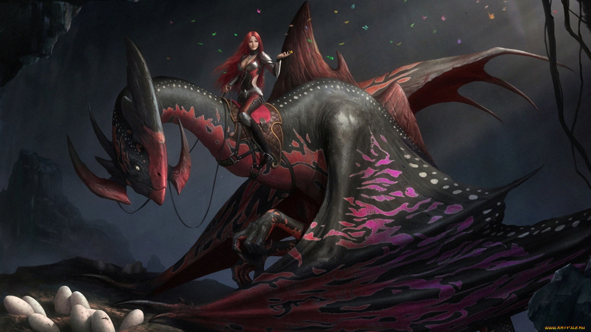 фэнтези, красавицы, и, чудовища, рыжая, яйца, девушка, пещера, дракон, арт