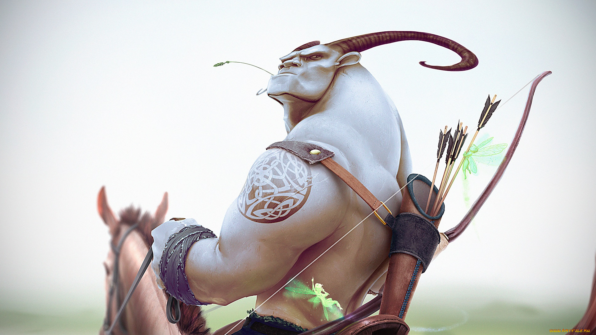 фэнтези, существа, лук, рога, favn, лошадь, взгляд, стрелы, лицо