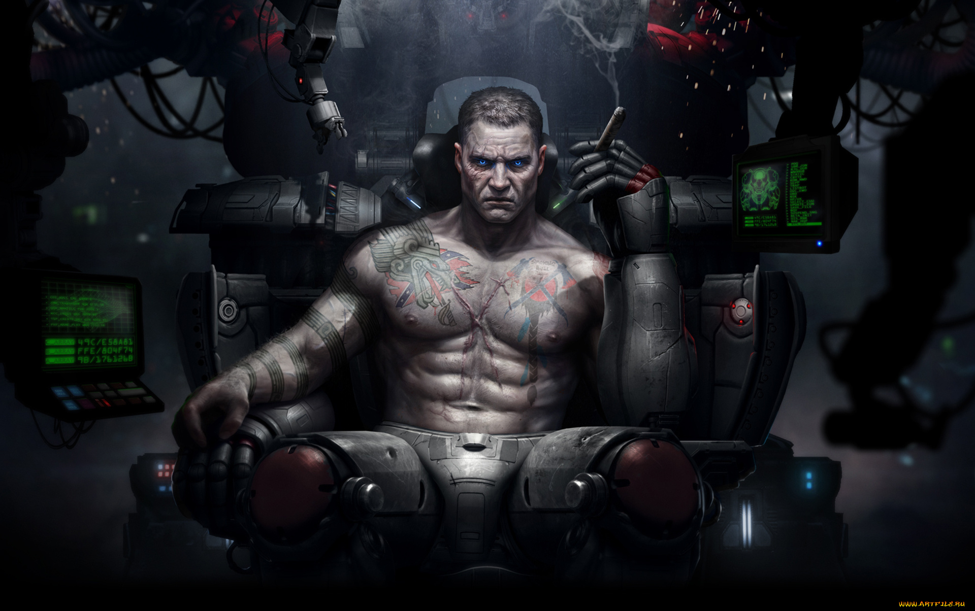 фэнтези, роботы, , киборги, , механизмы, мужчина, киборг, сигара, кресло, торс, взгляд, фантастика, арт