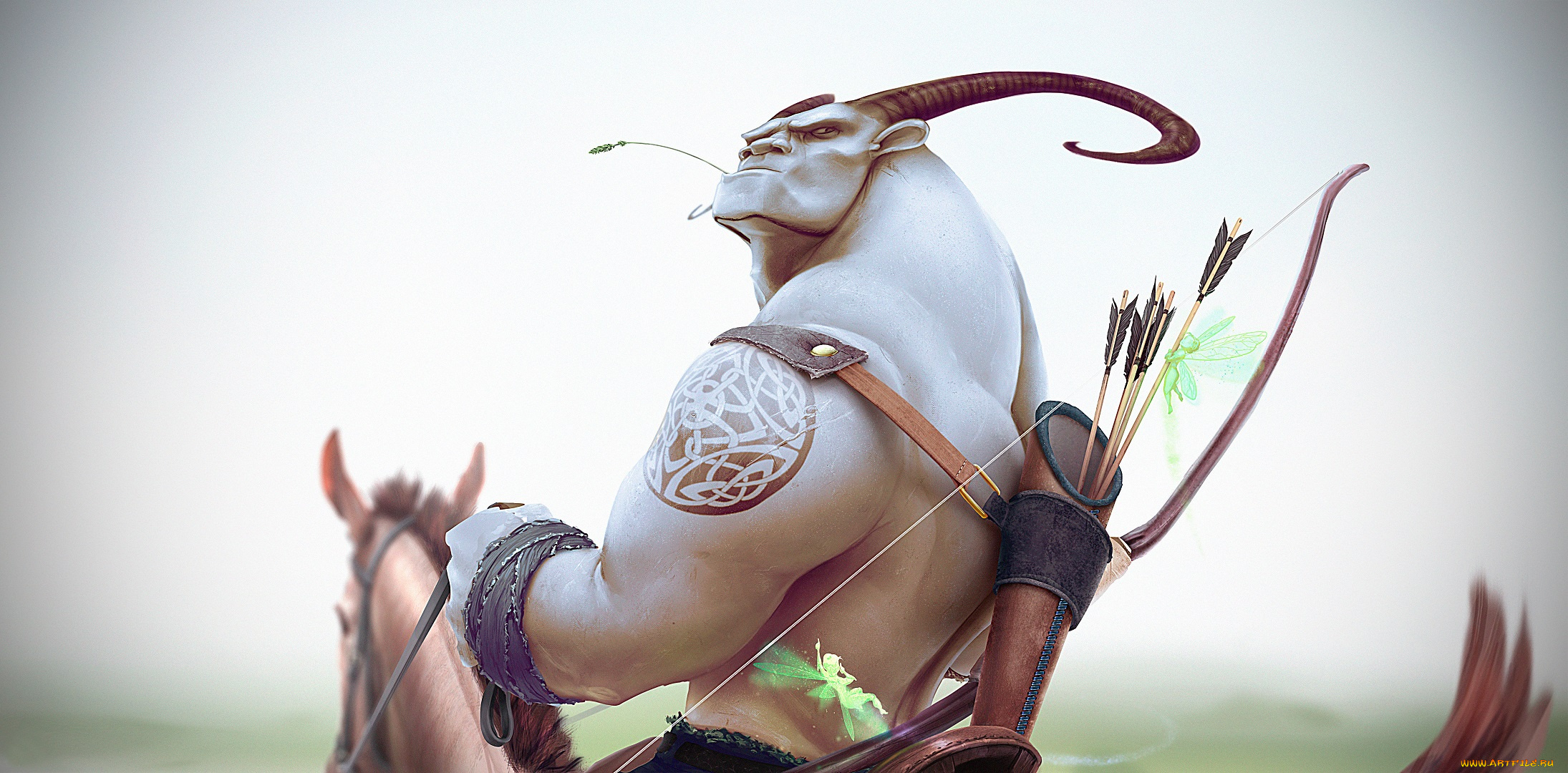 фэнтези, существа, лук, рога, favn, лошадь, взгляд, стрелы, лицо