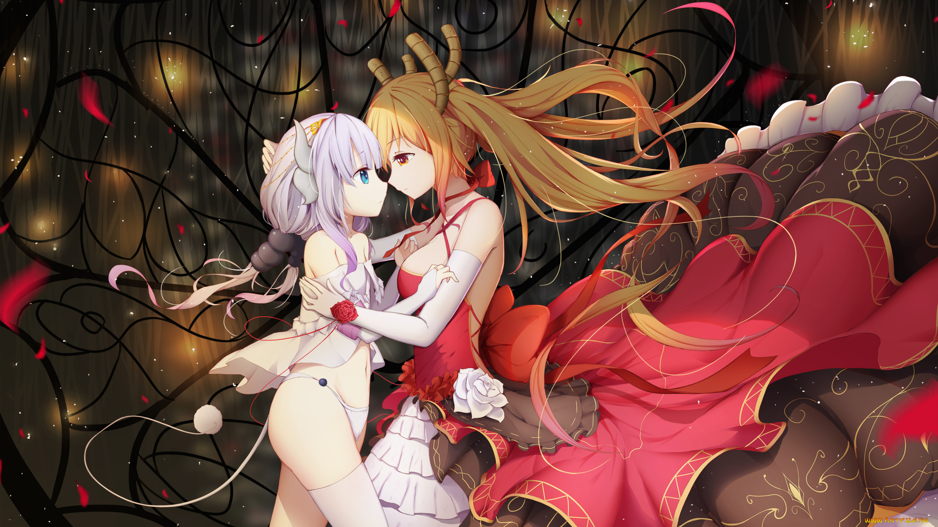 аниме, kobayashi-san, chi, no, maid, dragon, объятия, дракон, рога, девочки