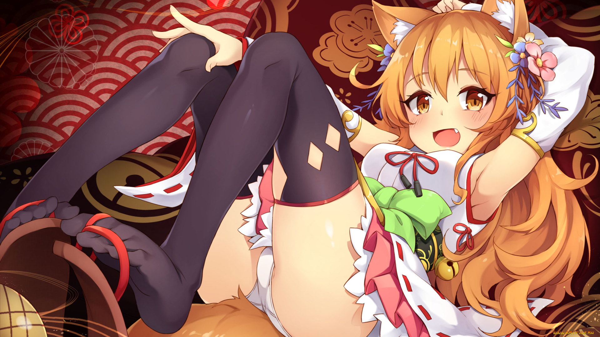 аниме, животные, , существа, клыки, чулки, ушки, хвост, девочка