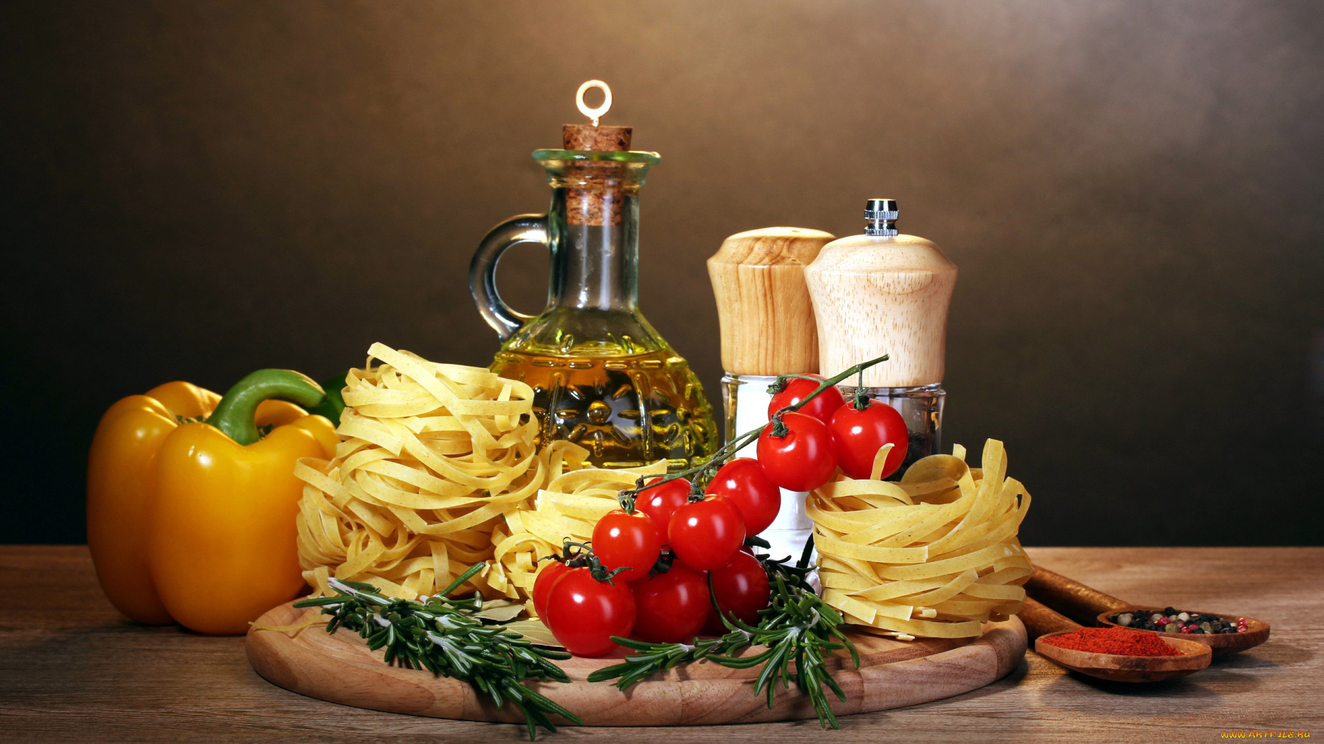 еда, разное, макароны, перец, розмарин, специи, оливковое, масло, черри, помидоры, томаты