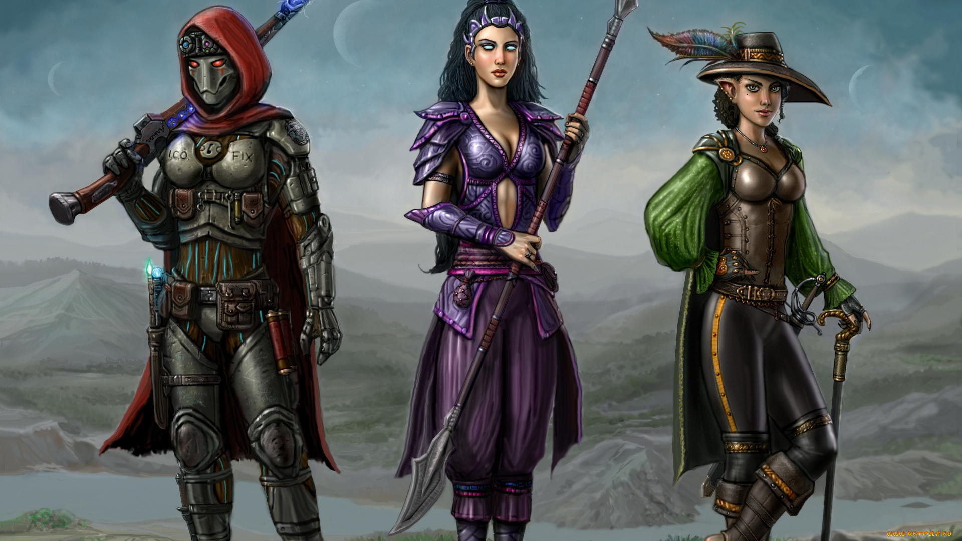 фэнтези, существа, копье, шлем, трость, шляпа, меч, эльф, охотники, фантастика, девушка