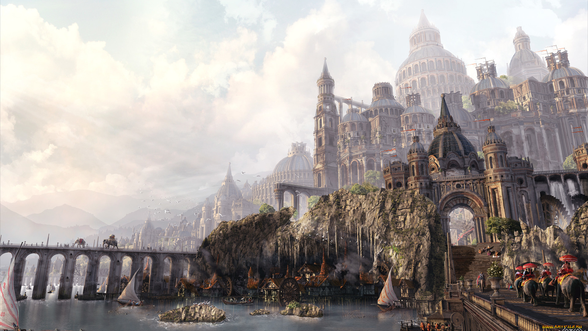 фэнтези, замки, дорога, замок, фентези, город, будни, день, арт