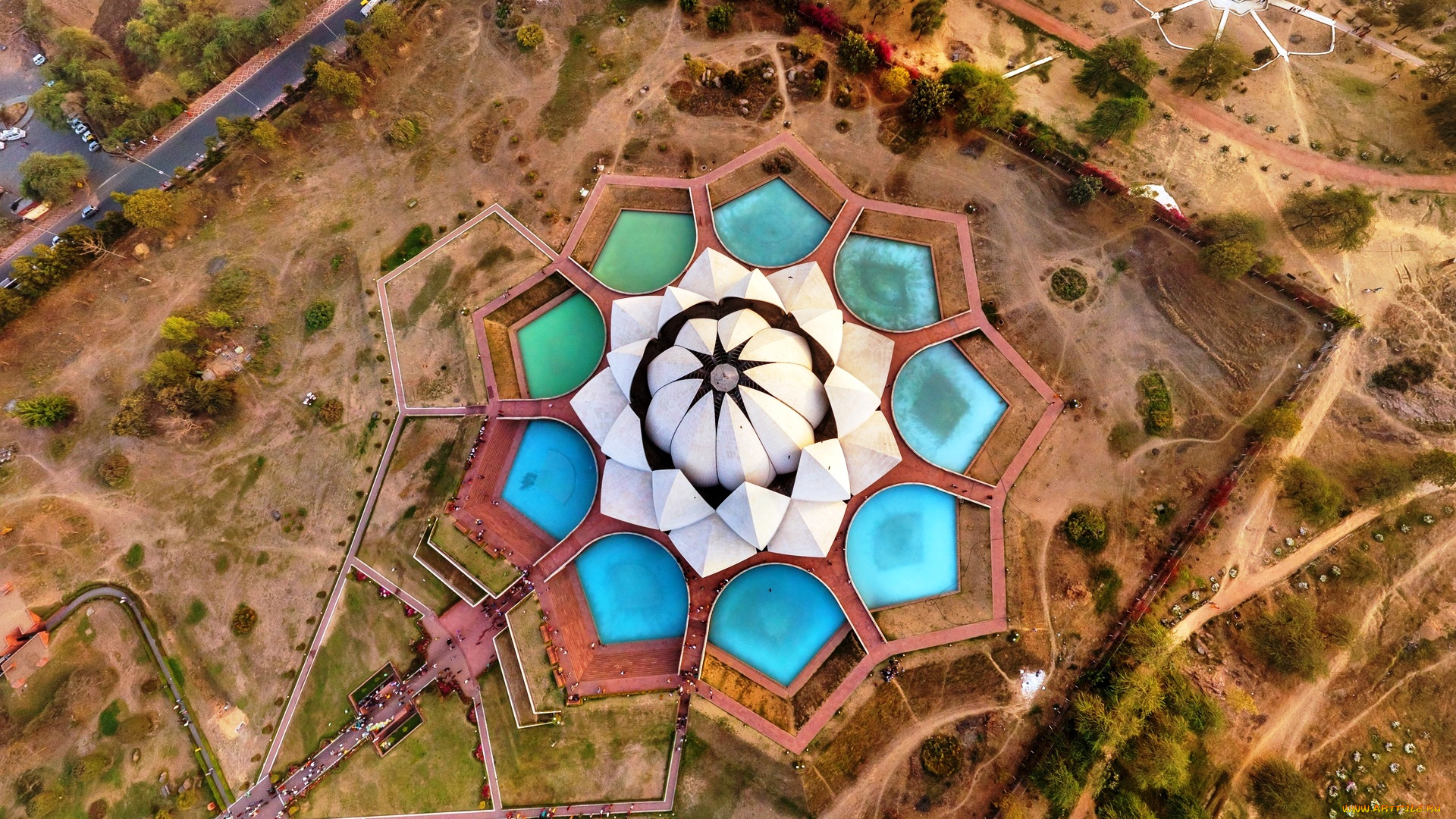 храм, лотоса, города, -, буддийские, и, другие, храмы, бассейны, купол, панорама, дорожки