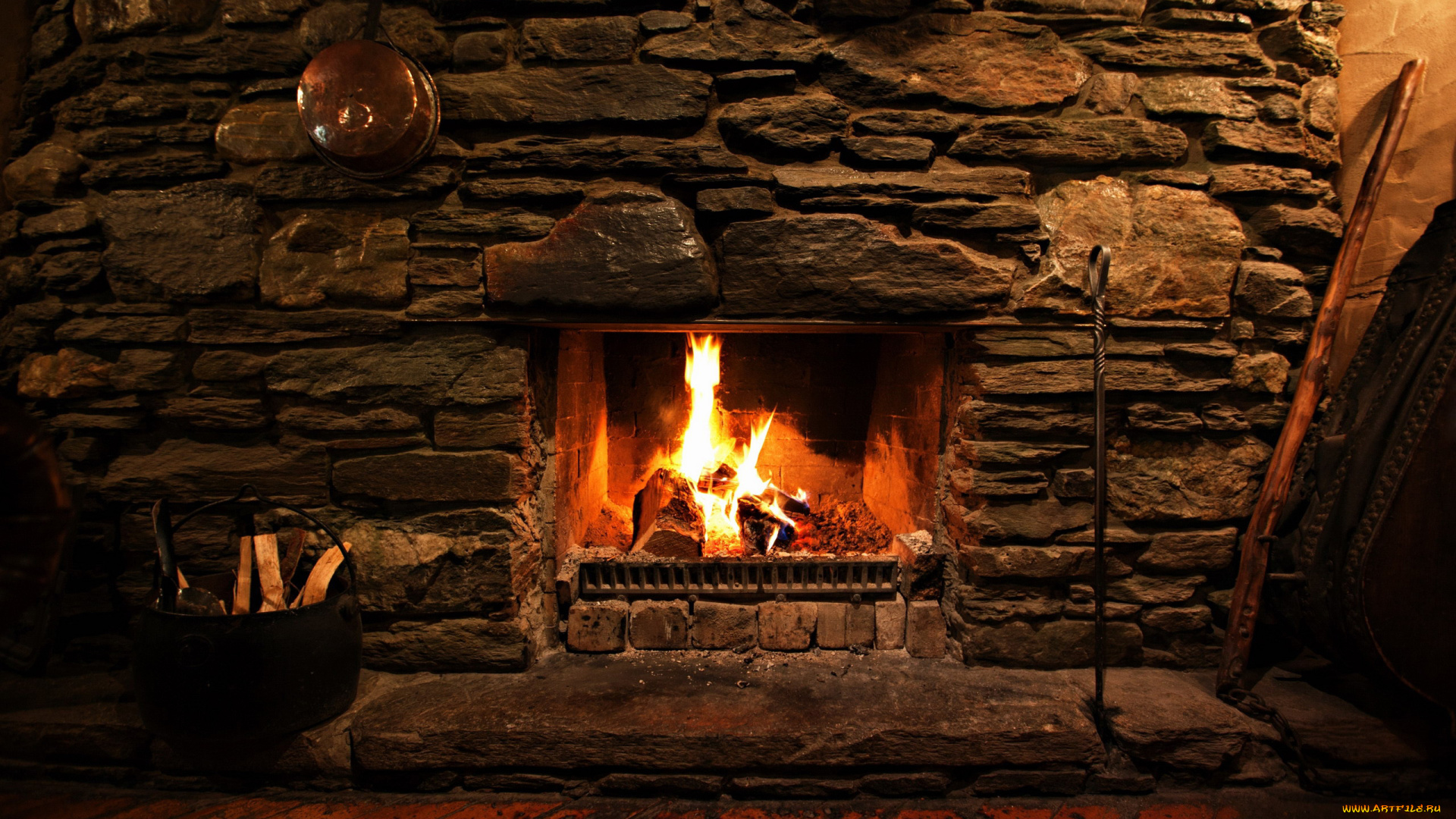 интерьер, камины, дрова, камин, каменная, стена, огонь