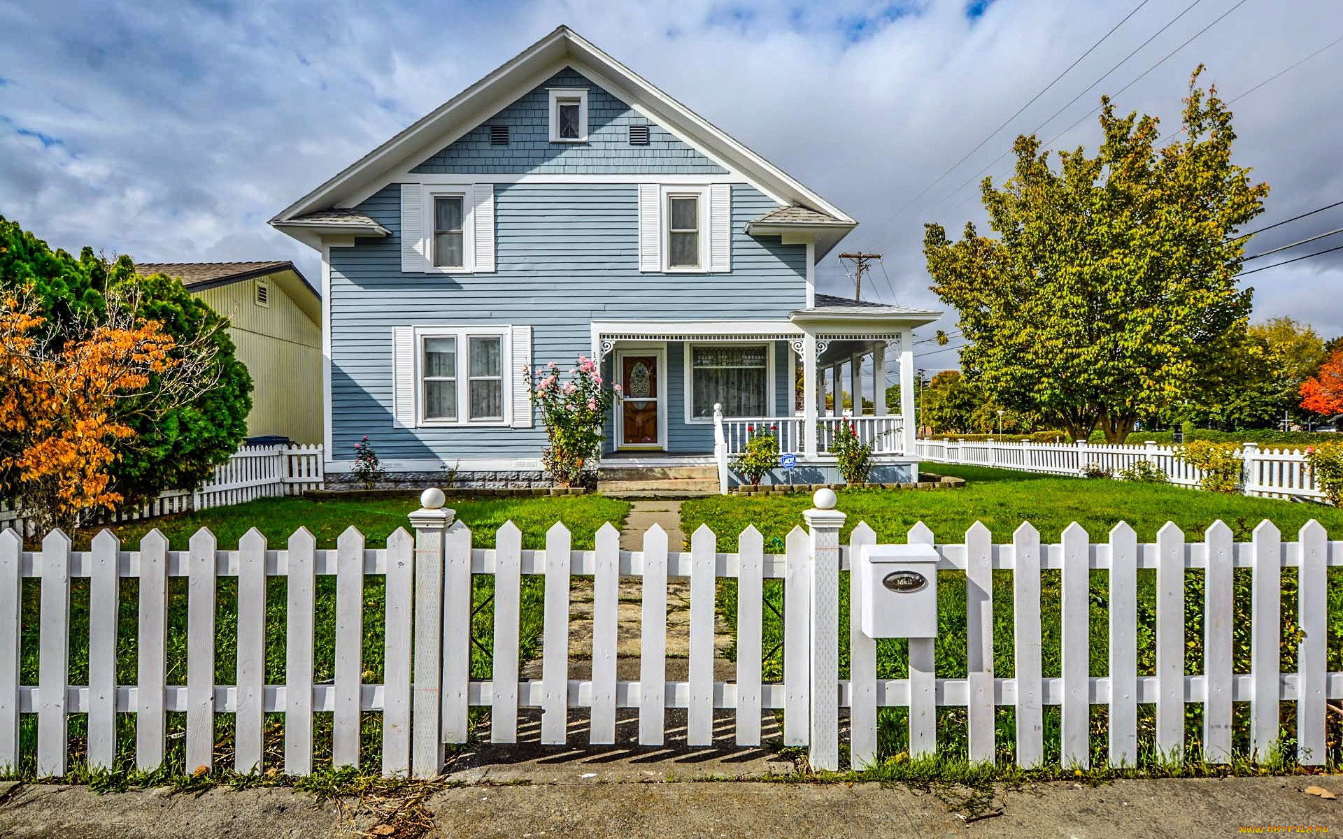 города, -, здания, , дома, коттедж, забор, лужайка