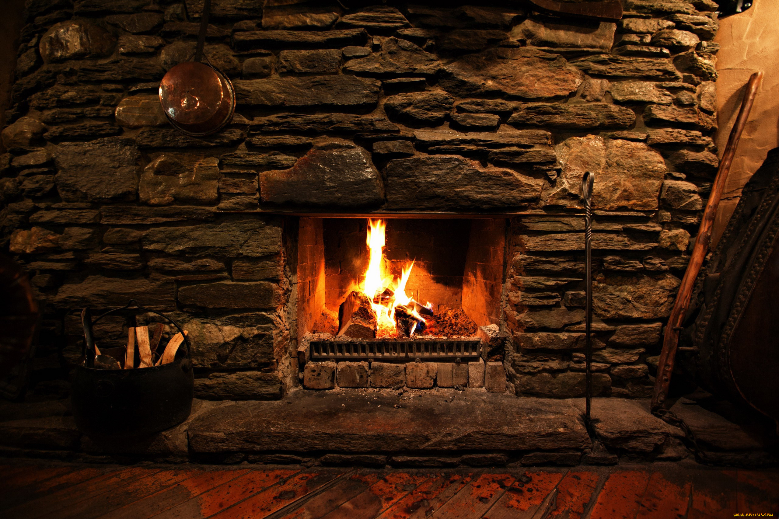 интерьер, камины, дрова, камин, каменная, стена, огонь