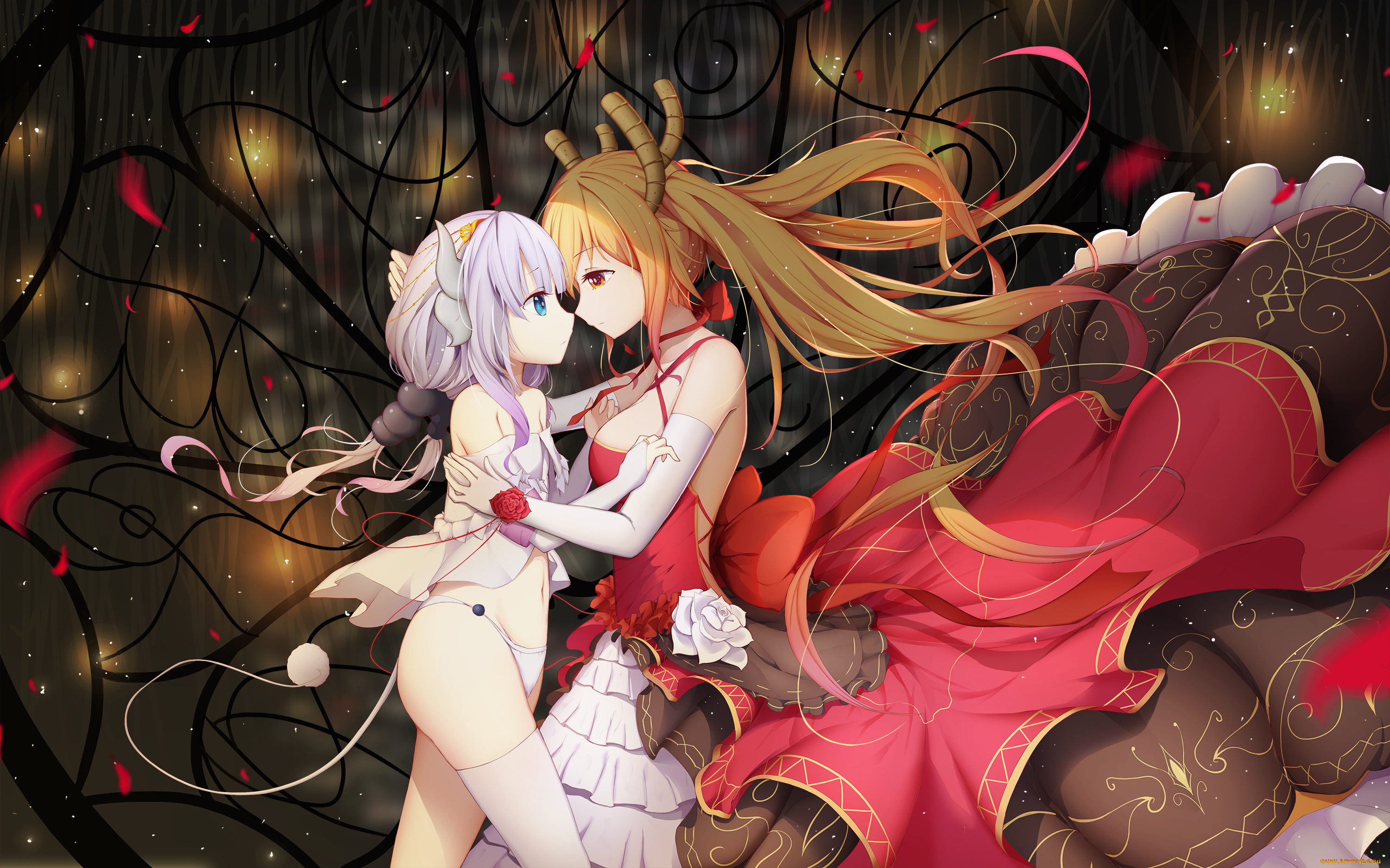 аниме, kobayashi-san, chi, no, maid, dragon, объятия, дракон, рога, девочки