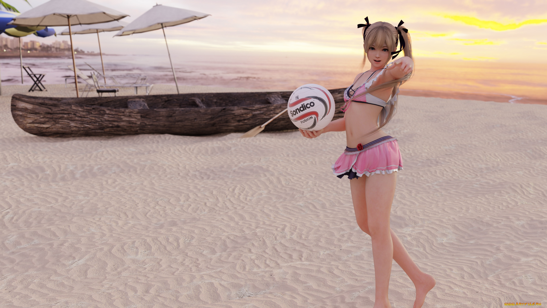 3д, графика, спорт, , sport, взгляд, девушка, мяч, пляж, фон