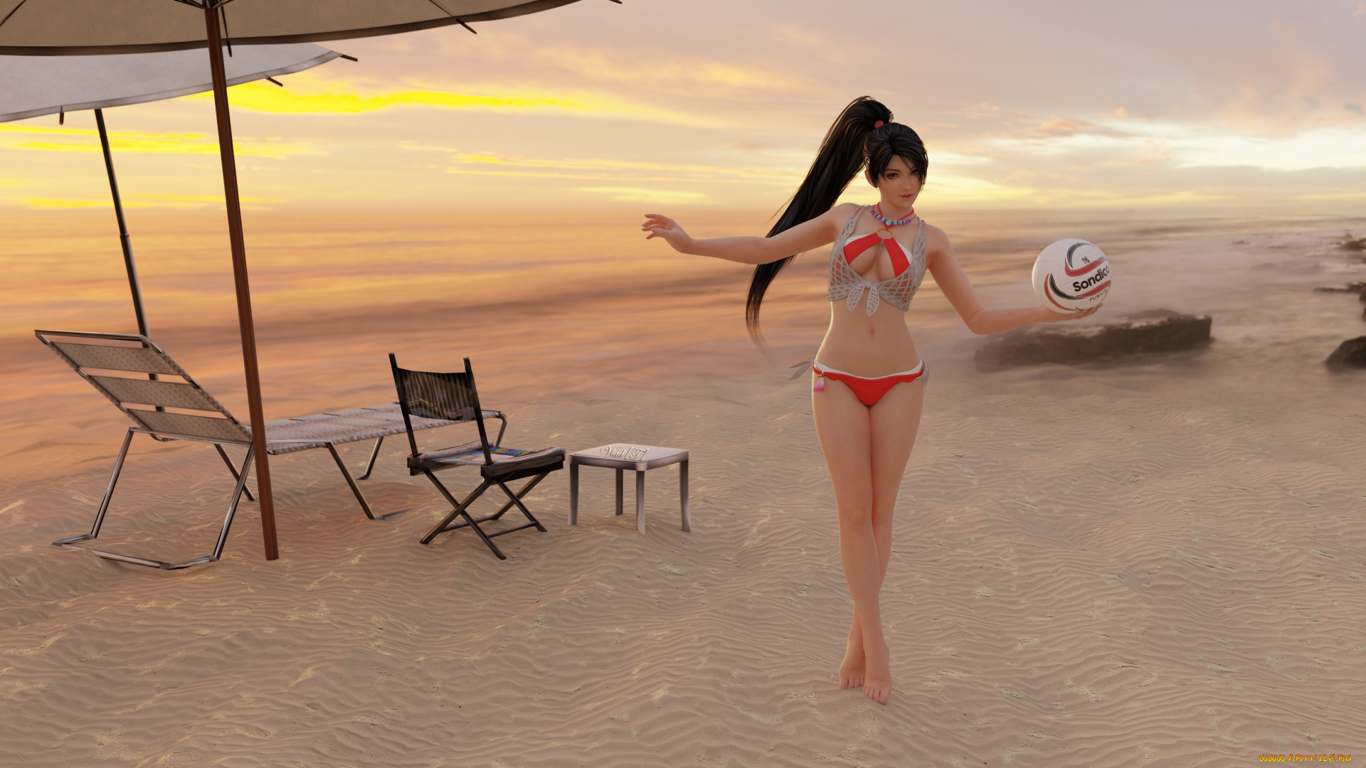 3д, графика, спорт, , sport, взгляд, девушка, мяч, пляж, фон