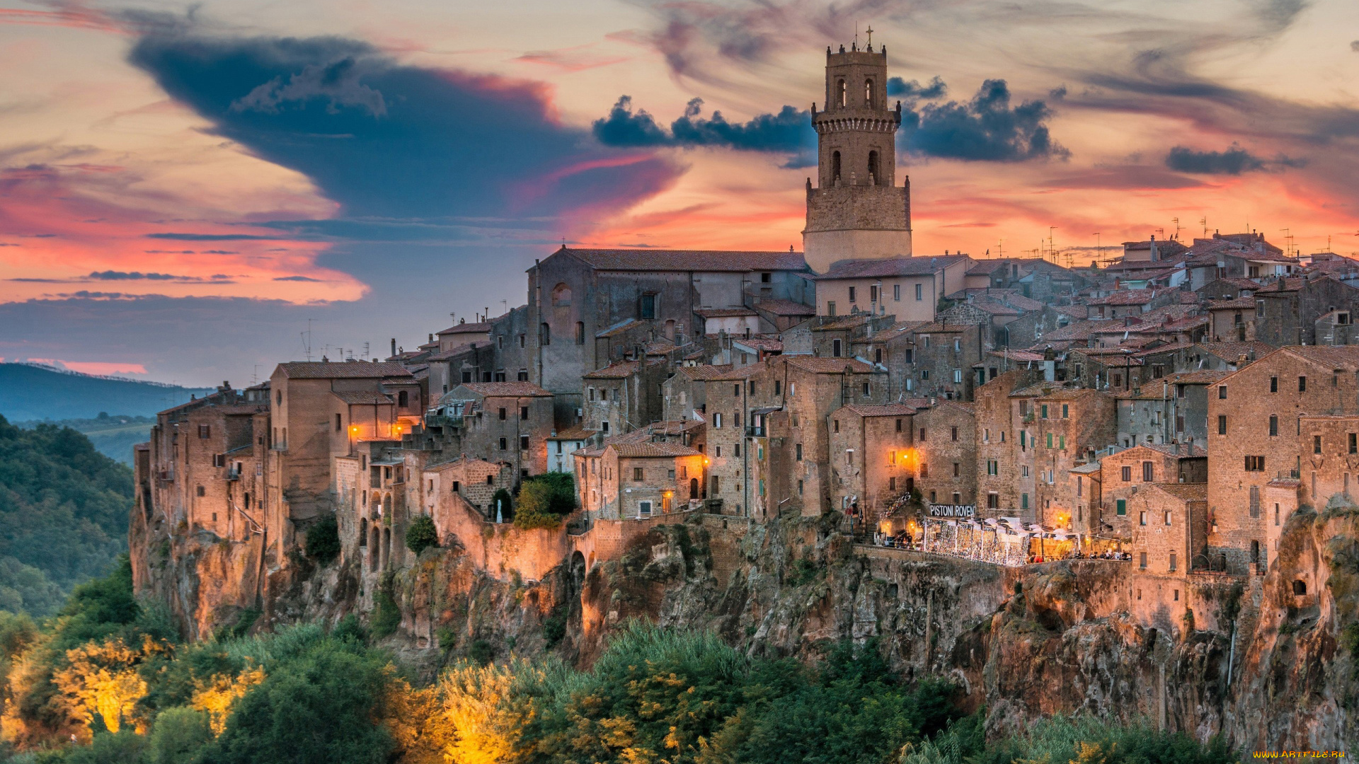 pitigliano, italy, города, -, огни, ночного, города