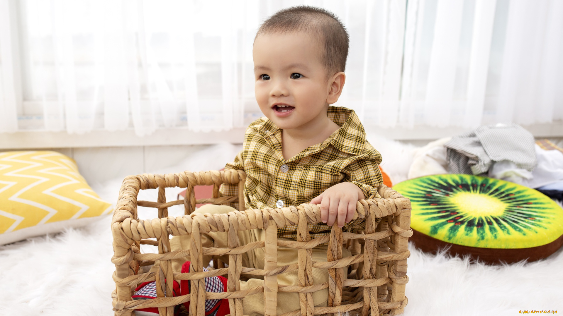 разное, дети, мальчик, корзина, подушки