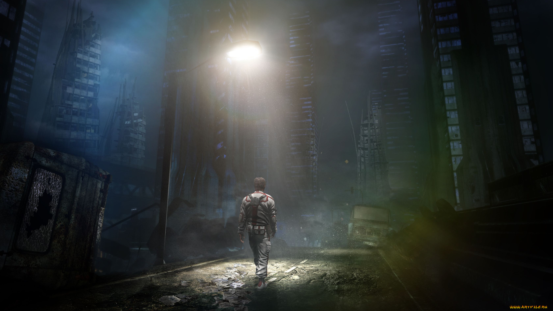 видео, игры, afterfall, , insanity, человек, город, фонарь