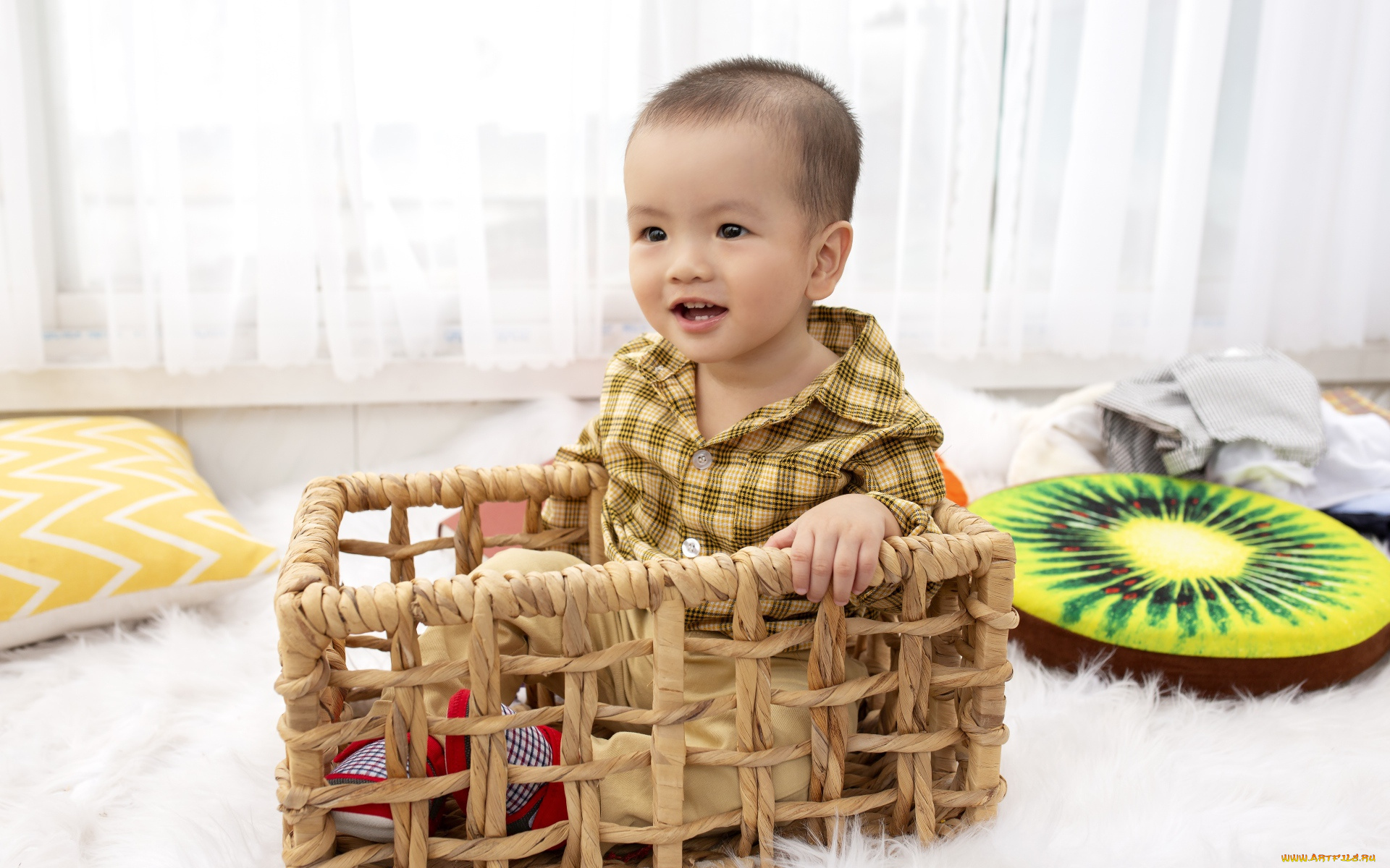 разное, дети, мальчик, корзина, подушки