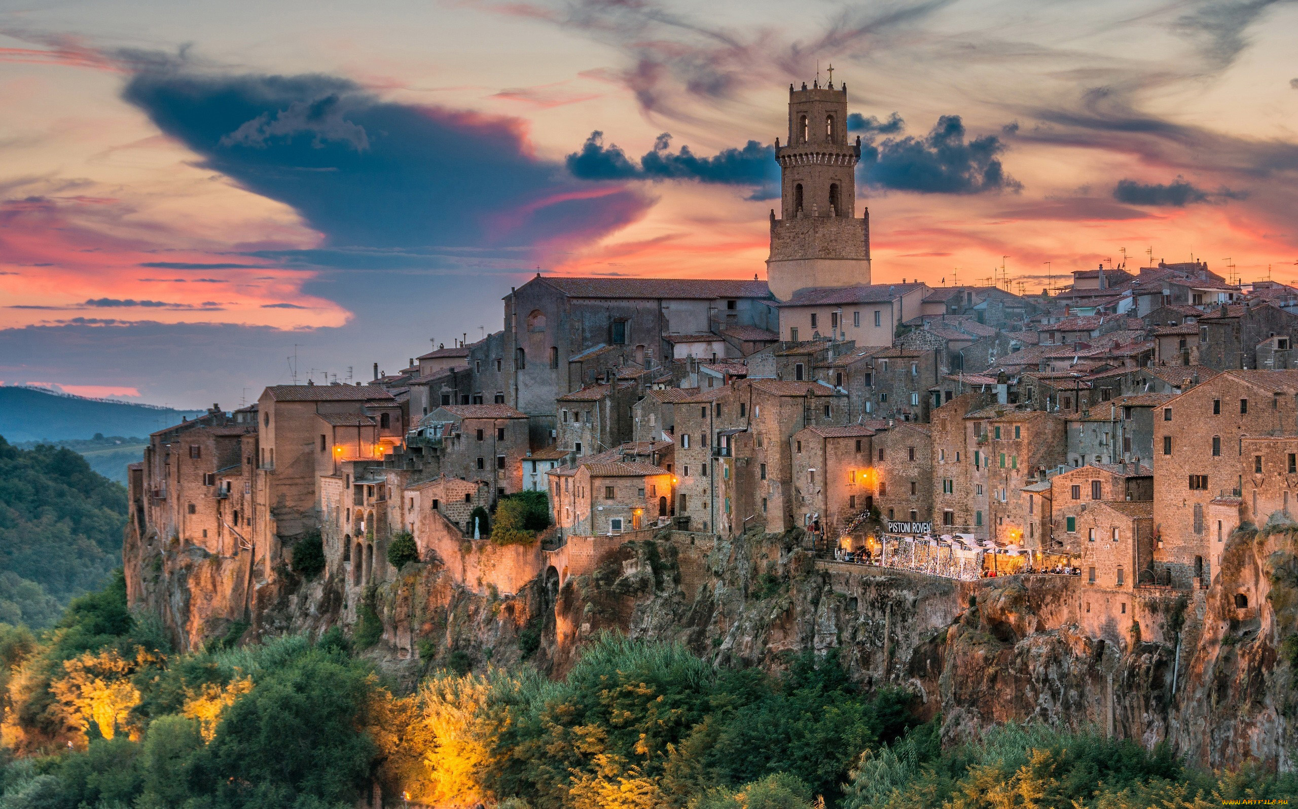 pitigliano, italy, города, -, огни, ночного, города