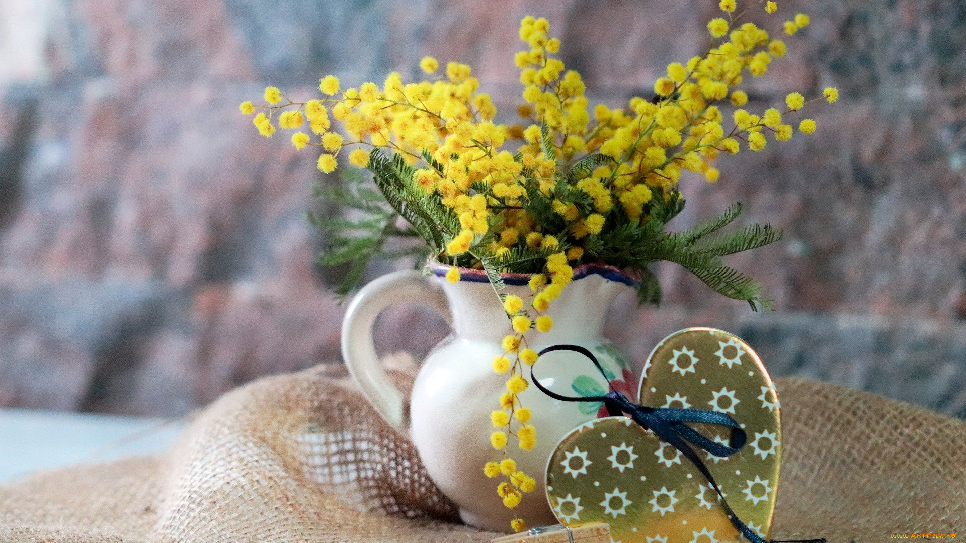 цветы, мимоза, кувшин, сердечко