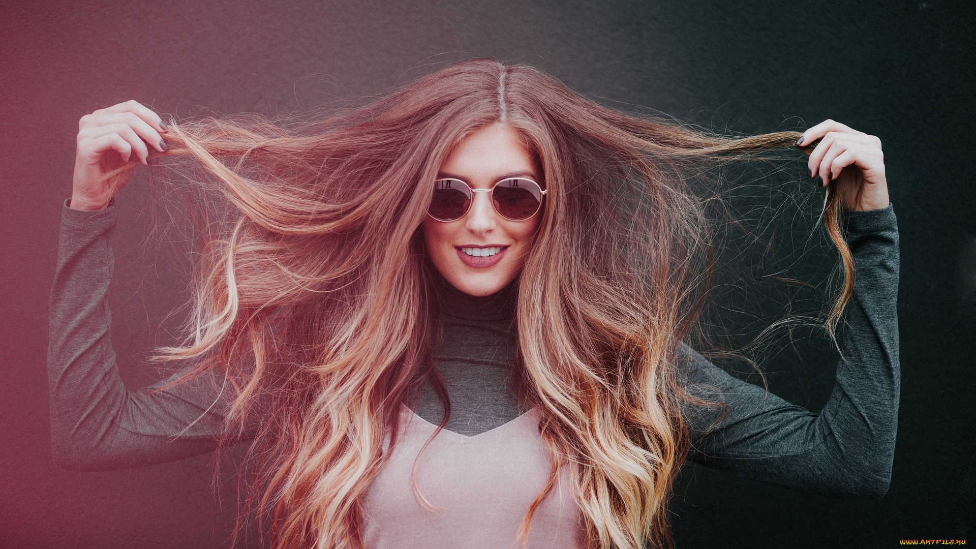 девушки, -, лица, , портреты, длинные, волосы, очки, улыбка