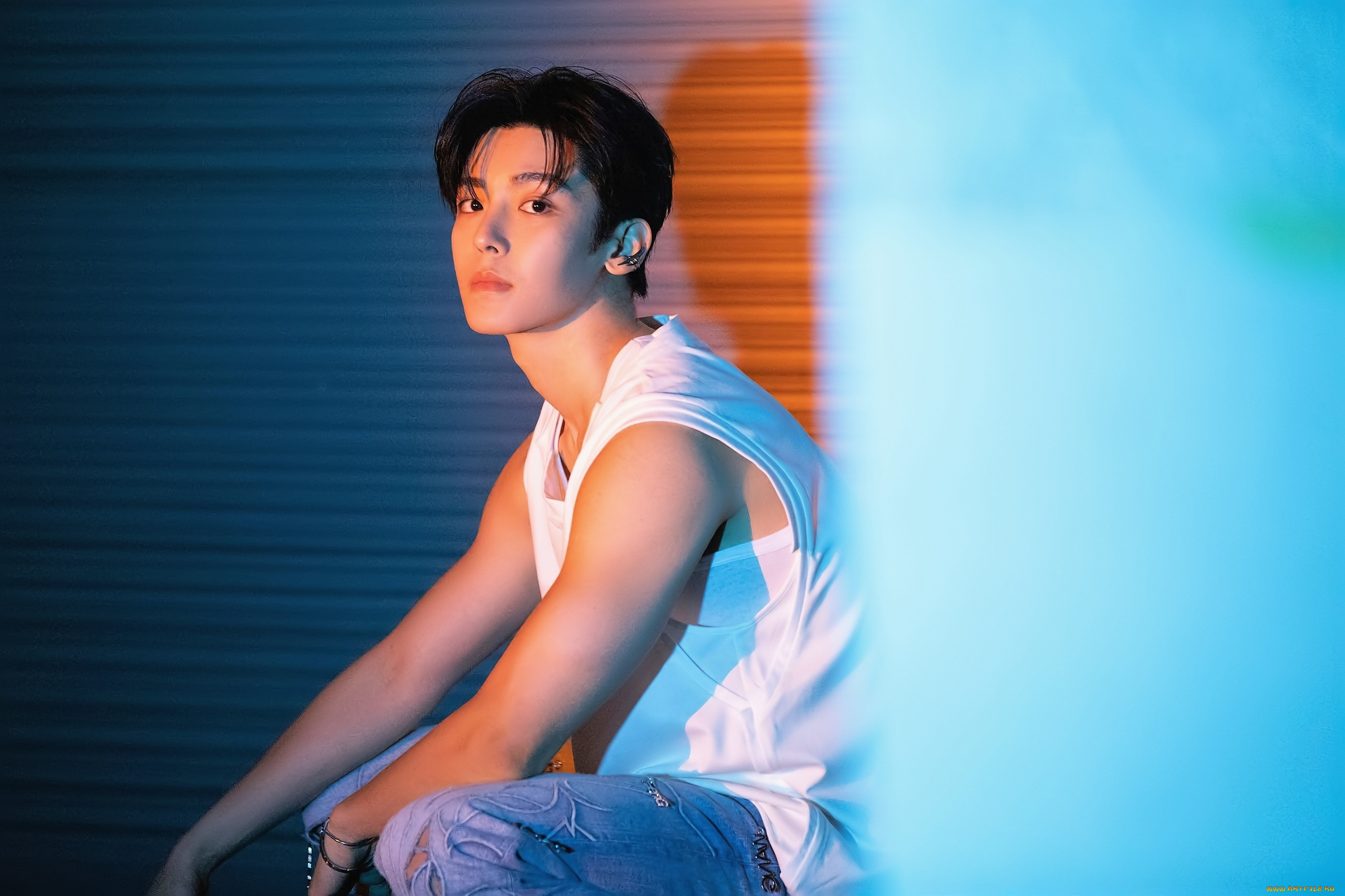 мужчины, hou, ming, hao, актер, майка, джинсы